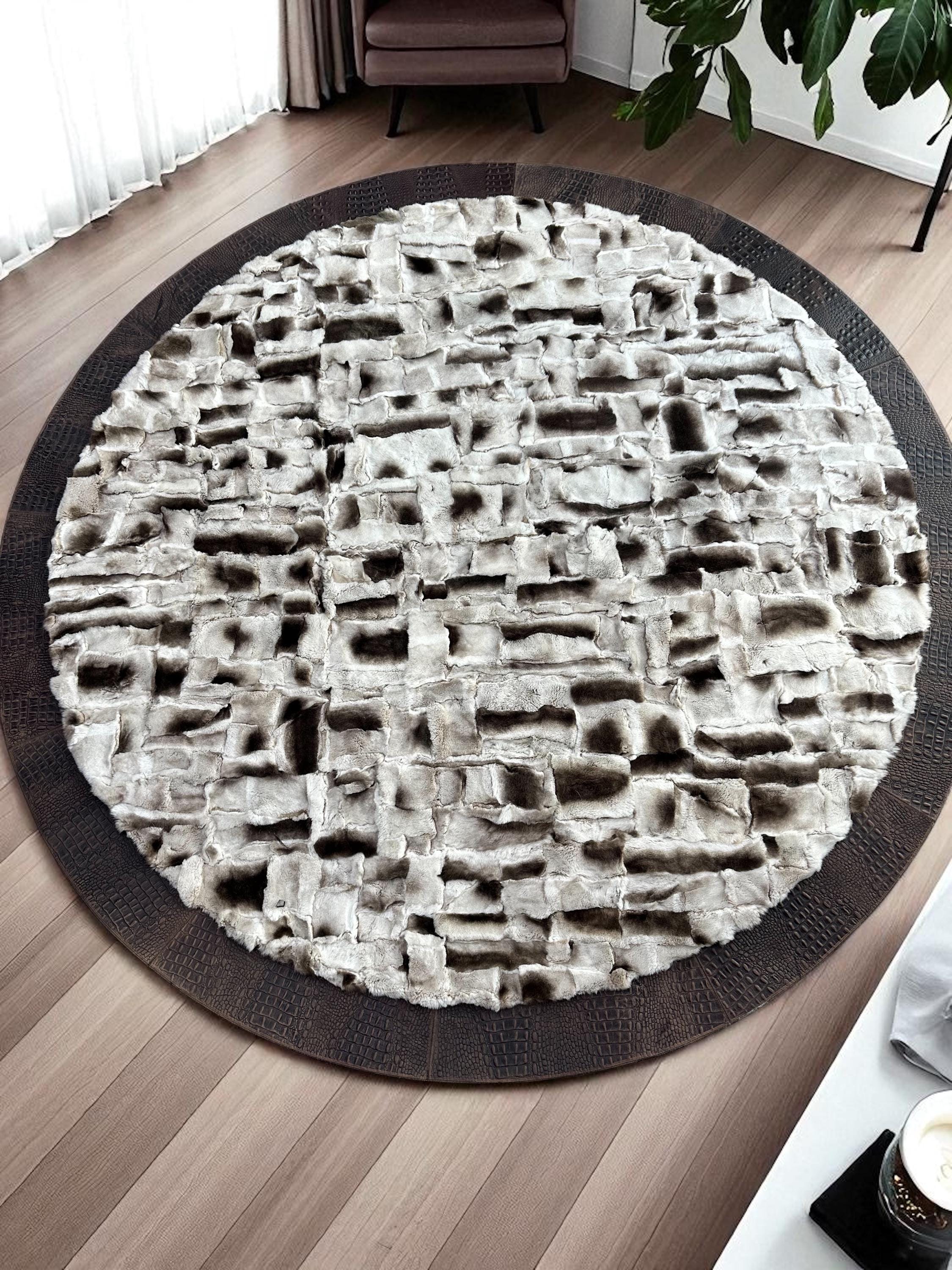 Luxury Round Rabbit Fur Rug in Beige and Brown, Soft Shaggy Rex Fur Area Carpet