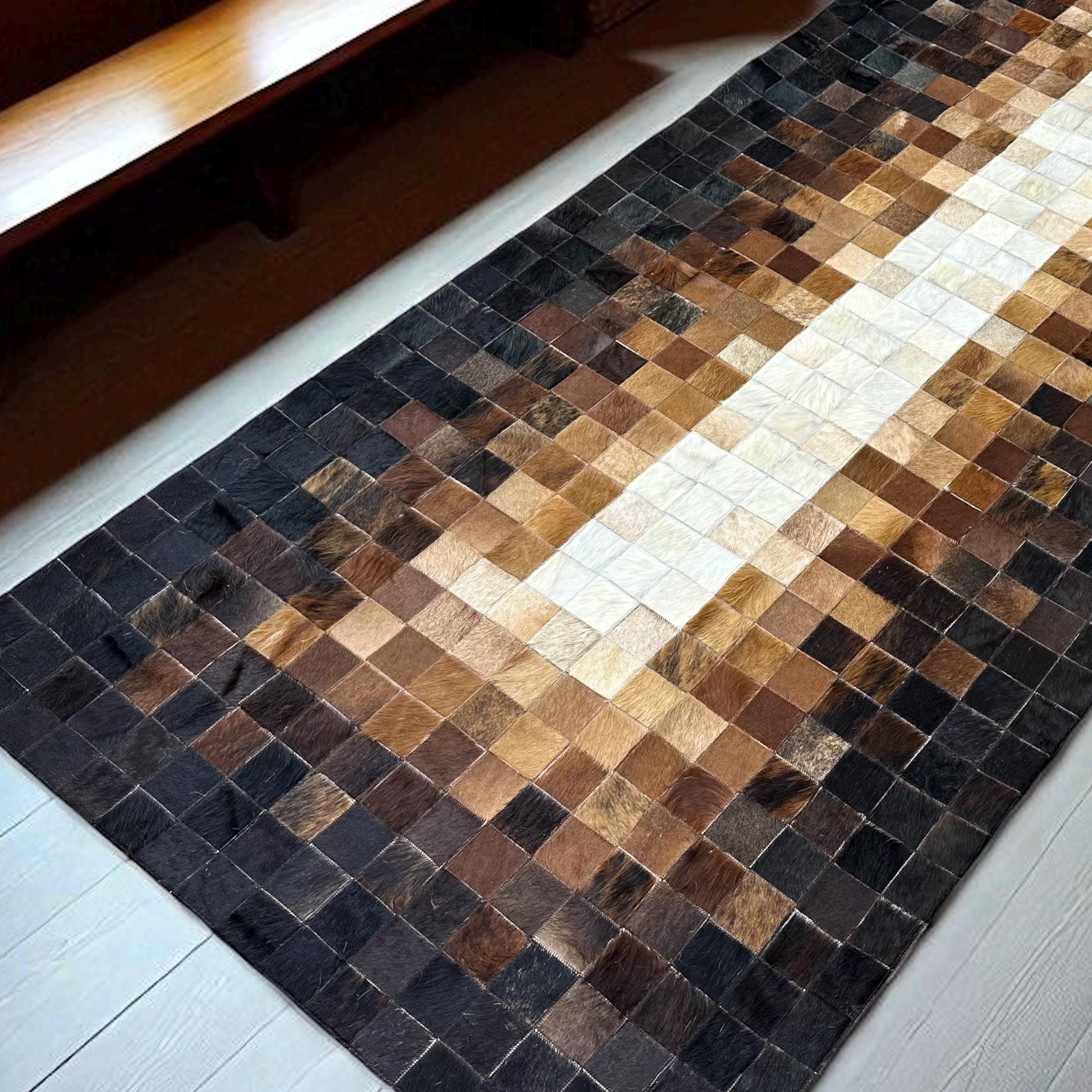 Ombre Cowhide Runner Rug in Brown Black and White, Long Patchwork Leather Hallway Carpet, Narrow Ombre Area Rug for Entryway or Living Room