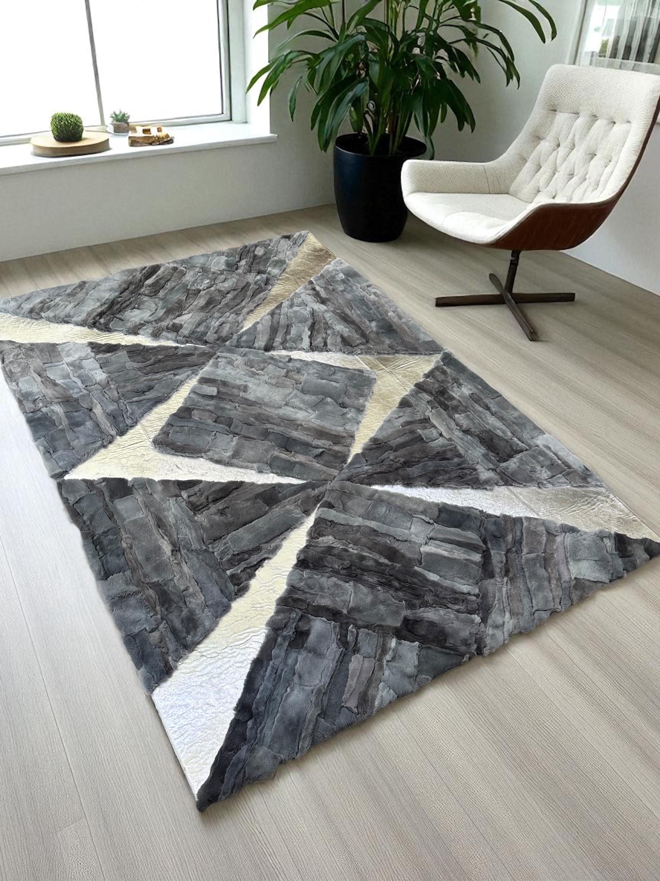 Modern Geometric Rex Rabbit Fur Area Rug in Grey and White, Soft Shaggy Rectangular Carpet, Luxury Hair Fur Living Room Rug, Custom Handmade
