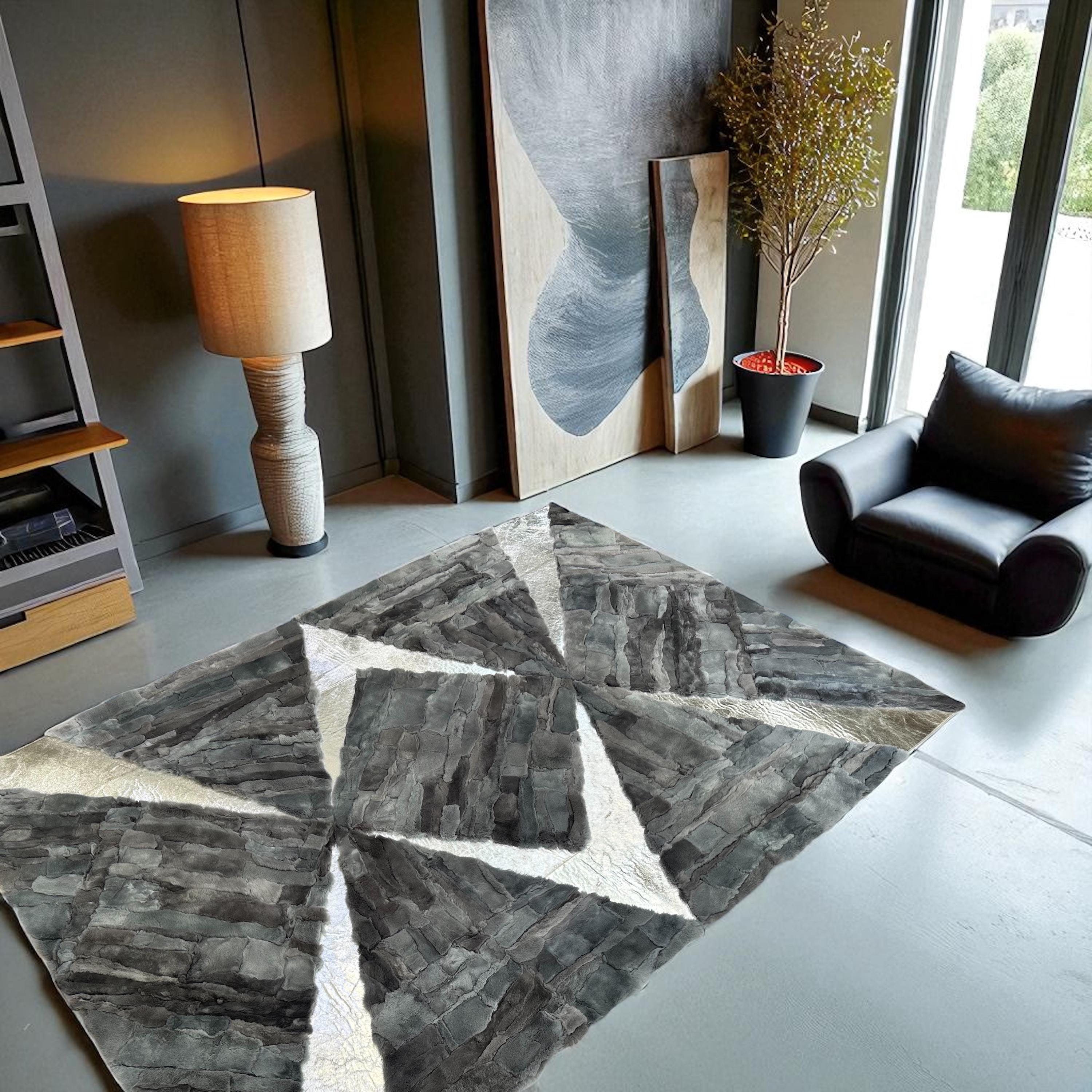 Gray Rex Rabbit Fur Rug with Geometric Silver Accents, Handmade Modern Luxury Carpet for Living Room