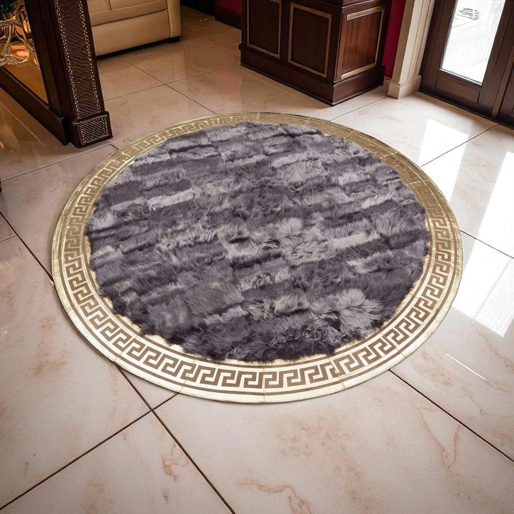 Gray Toscana Round Rug with Greek Border, Custom Size Living Room Decor