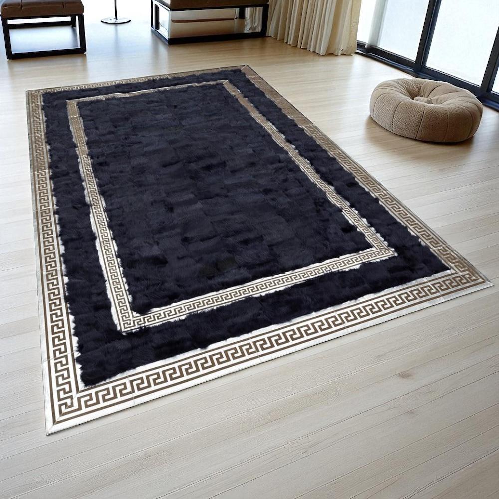 Black Toscana Sheepskin Rug with Greek Key Border, Custom Luxury Fur Carpet for Living Room or Office, Handmade Hallway Area Rug