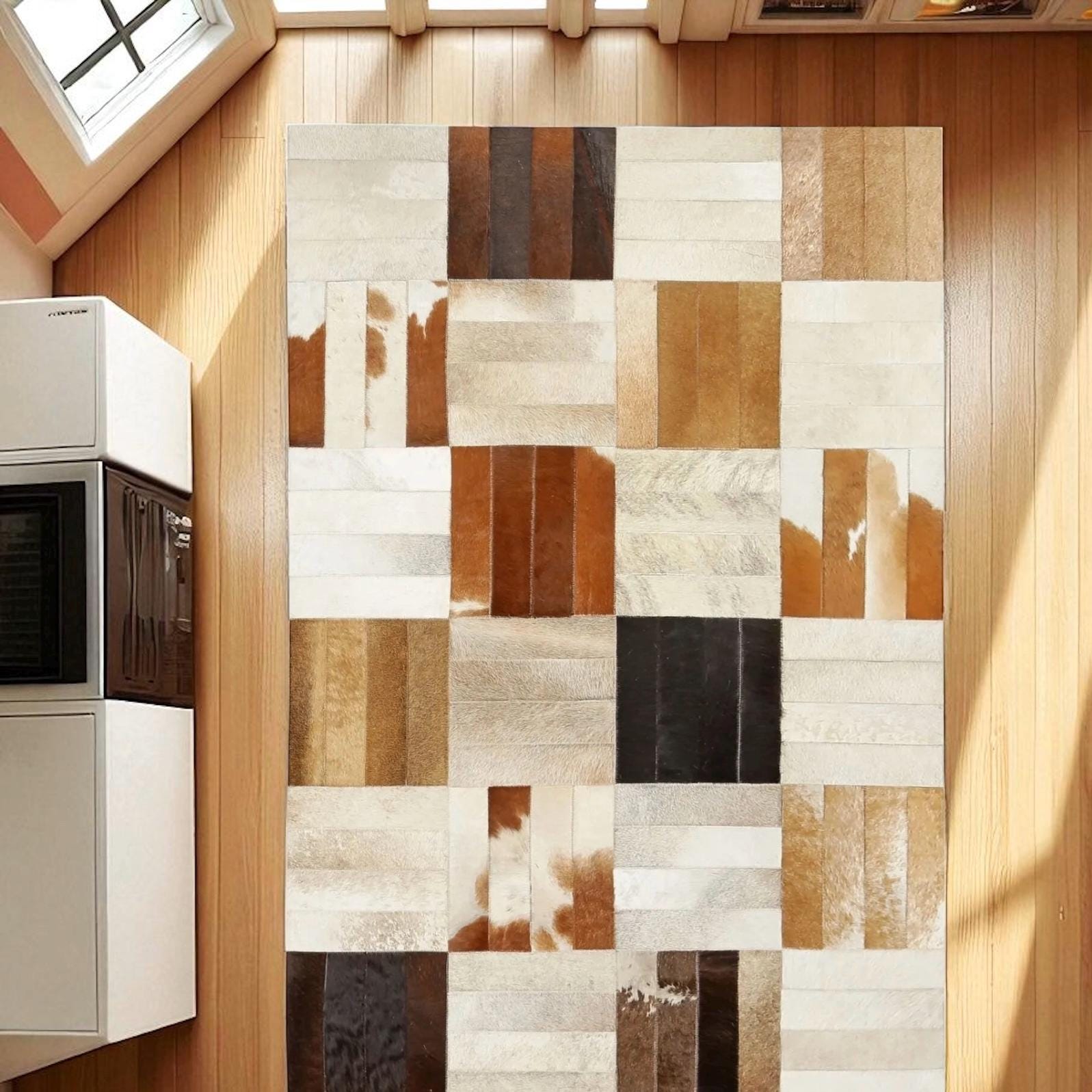 Multicolor Cowhide Patchwork Rug, Modern Checkered Leather Area Rug, Handmade Natural Cow Skin Carpet for Living Room or Entryway