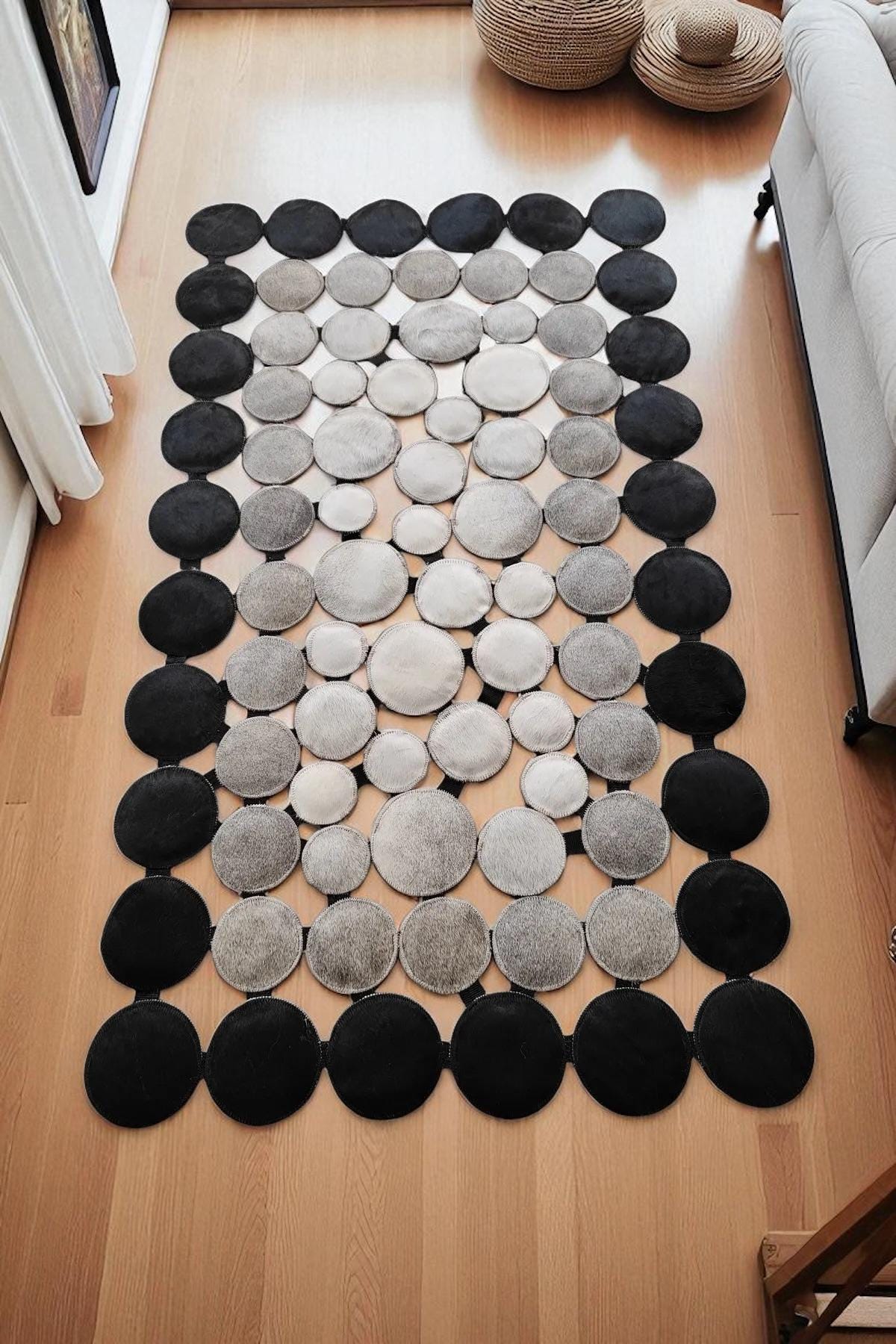 Polka Dot Cowhide Rug, Black and Gray Circle Patchwork Leather Area Rug, Modern Handmade Hallway Carpet, Custom Size Natural Cowhide Decor