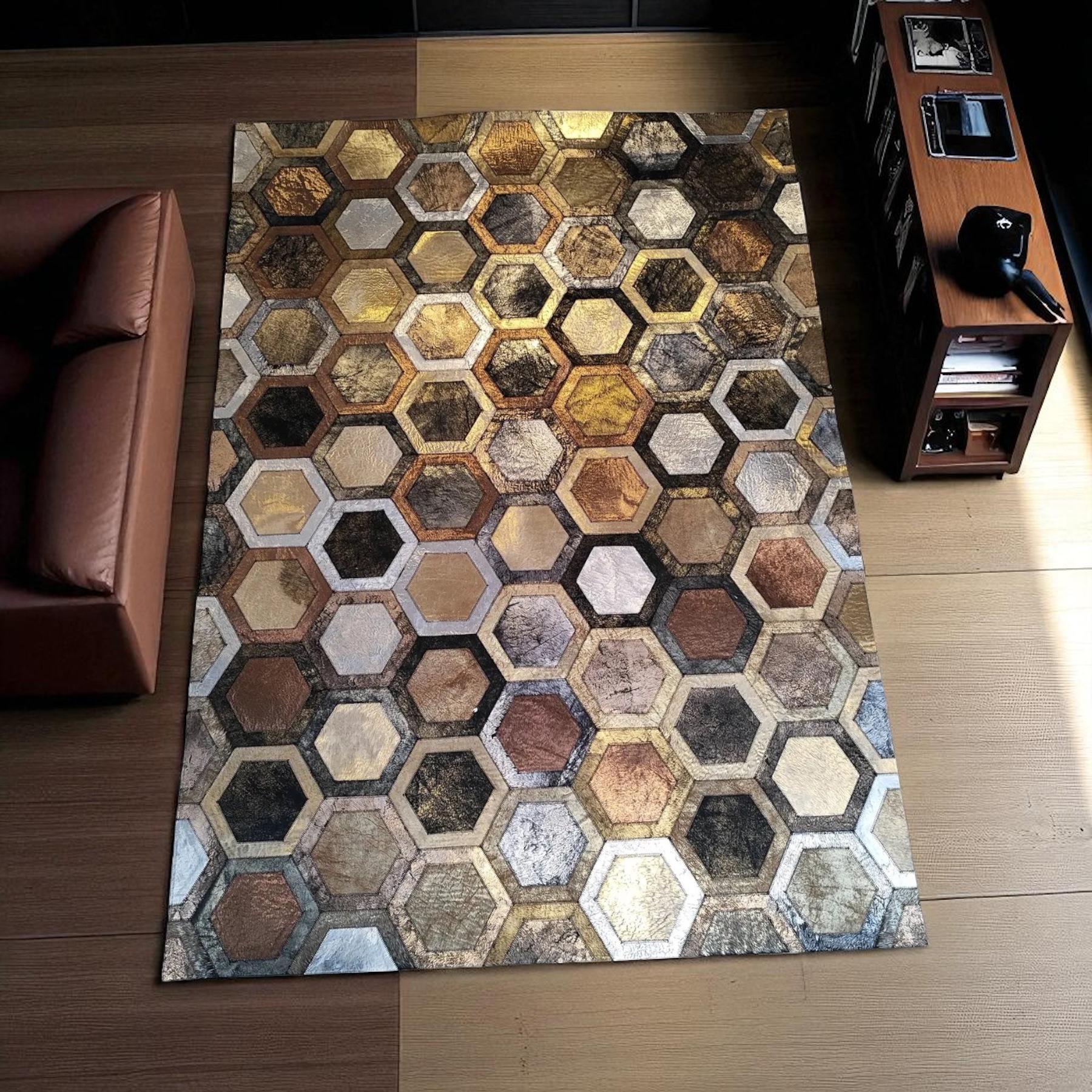 Hexagon Patchwork Cowhide Rug, Brown and Cream Leather Area Carpet, Natural Handmade Cowhide Decor, Custom Size Rustic Farmhouse Rug