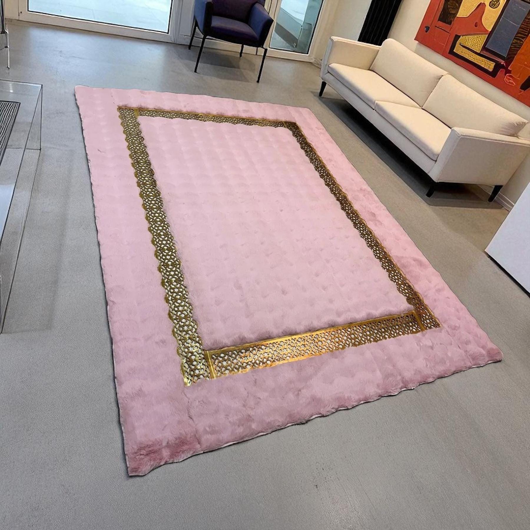 Soft Pink Plush Rug with Golden Border, Custom Size Area Rug