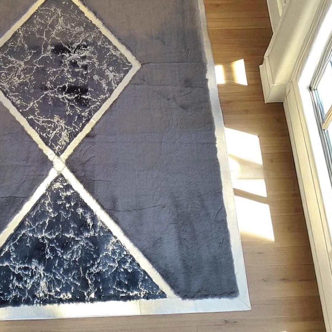 Modern Plush Rug with Black Marble Diamond Center, Custom Size Available