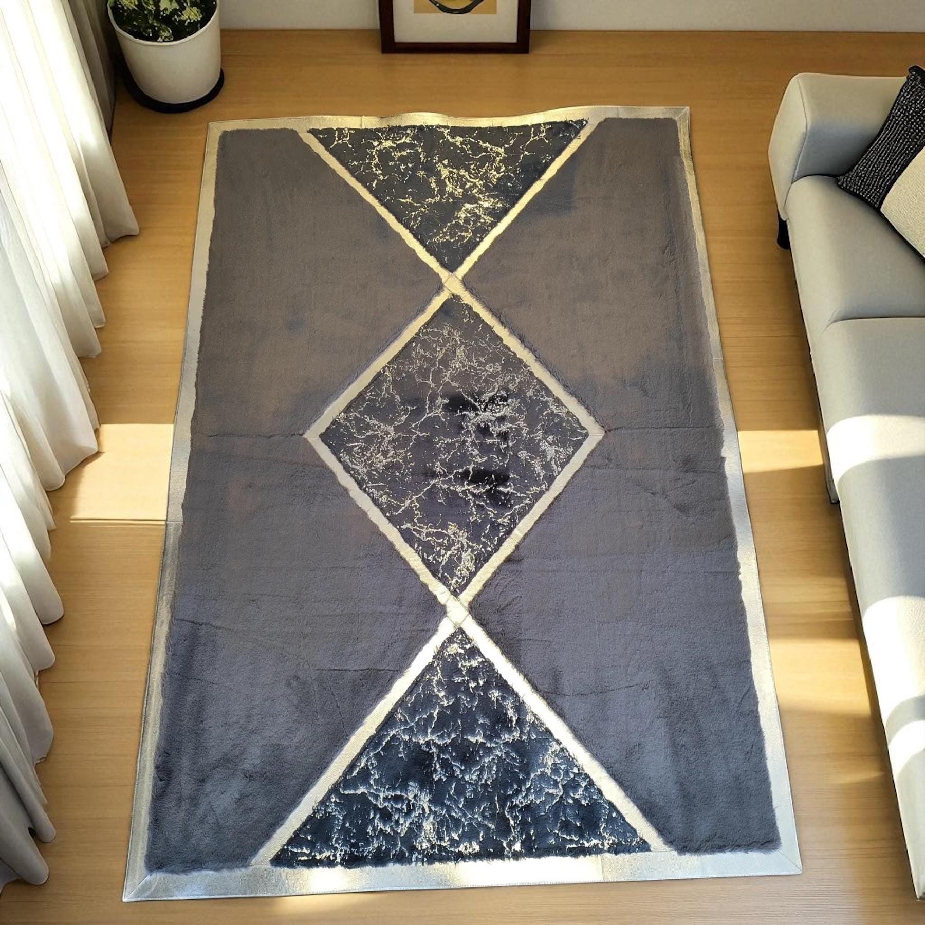 Modern Plush Rug with Black Marble Diamond Center, Custom Size Available