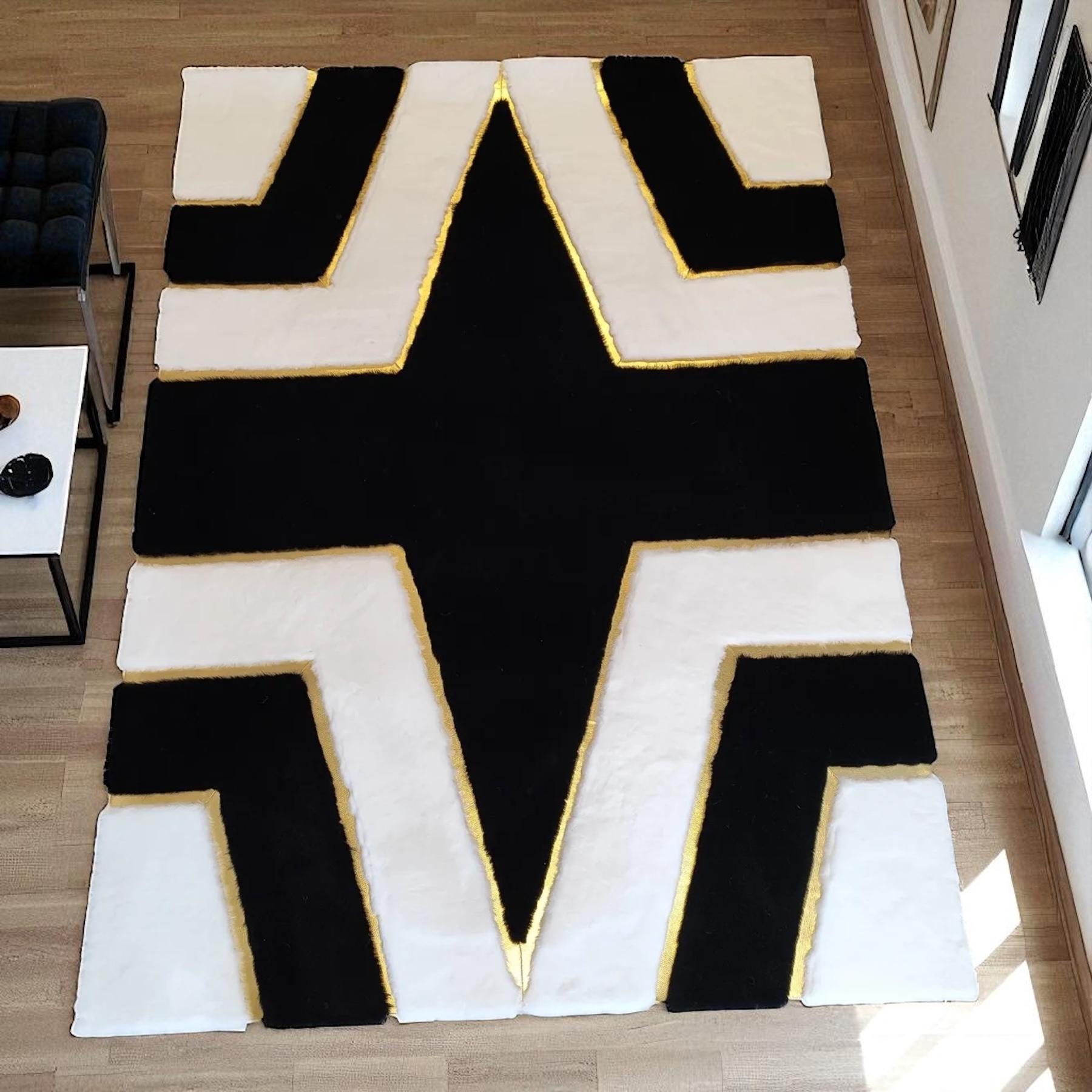 Black and White Plush Area Rug with Bold Contrast Design, Custom Size Plush Carpet