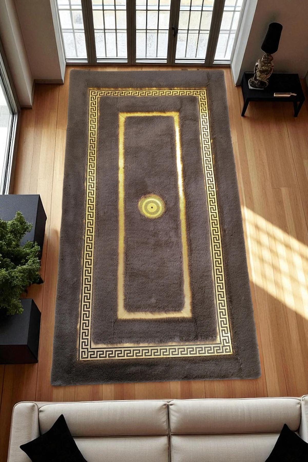 Gray Plush Area Rug, Soft Gold Greek Border Rug, Custom Size Carpet