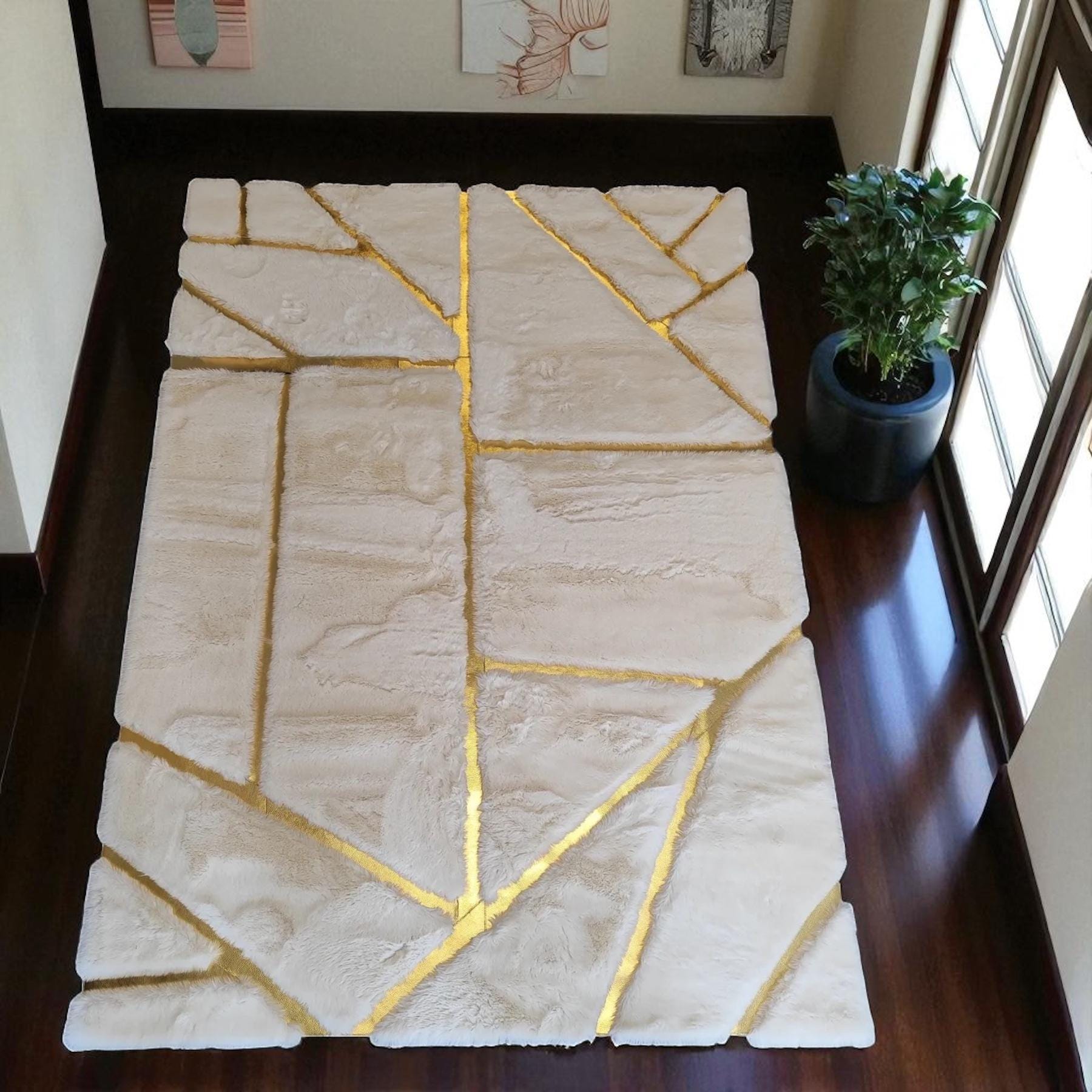 Beige Plush Area Rug, Gold Line Pattern Carpet, Soft Fur Rug for Living Room, Modern Custom Size Rug
