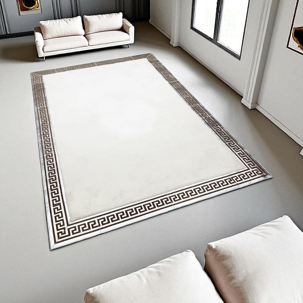 White Plush Rug, Greek Border Soft Area Rug, Modern Non Slip Carpet, Custom Size Fluffy Rug