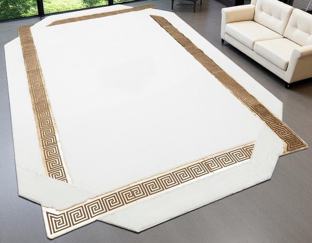 White Faux Fur Area Rug, Custom Size Greek Border Plush Carpet, Soft Elegant Rug for Living Room or Bedroom, Irregular Shaped Rug