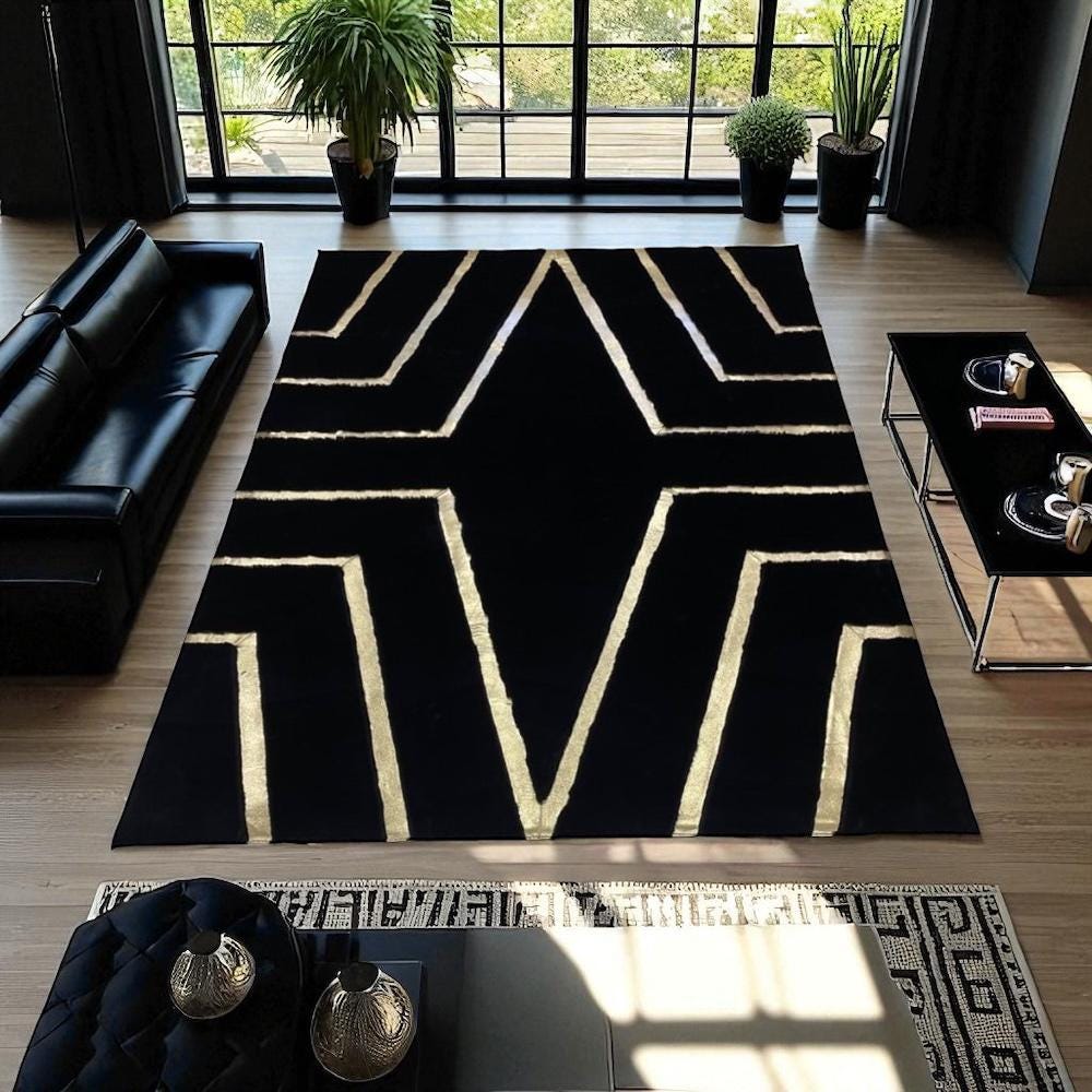 Black Faux Fur Area Rug | Custom Size Plush Carpet with Gold Geometric Lines |