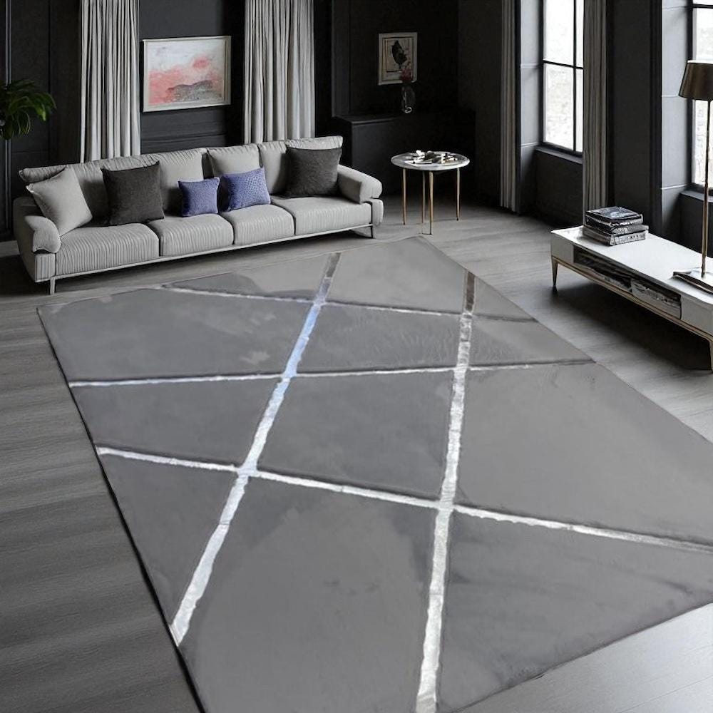Gray Plush Area Rug with Silver Metallic Lines,Custom Size Faux Fur Carpet, Soft Modern Living Room Rug