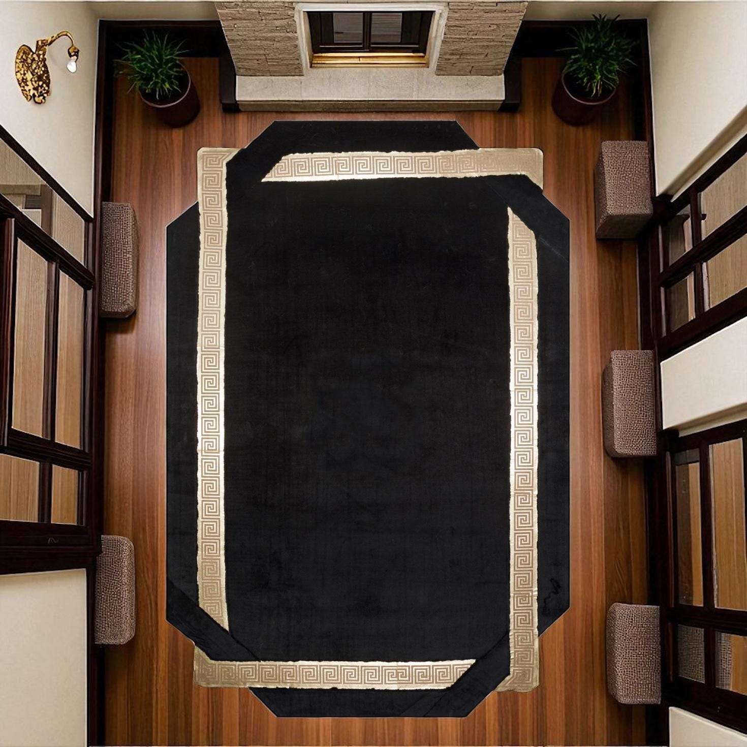 Black Gold Greek Border Plush Rug, Custom Size Soft Fluffy Carpet