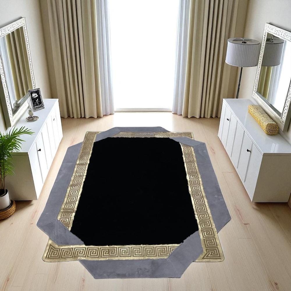 Black and Gray Faux Fur Area Rug, Greek Key Border Soft Plush Carpet, Custom Size Shaggy Living Room Rug