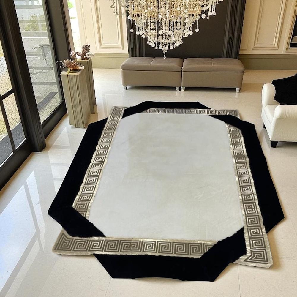 White and Black Plush Area Rug with Greek Border, Custom Size Soft Modern Faux Fur Carpet