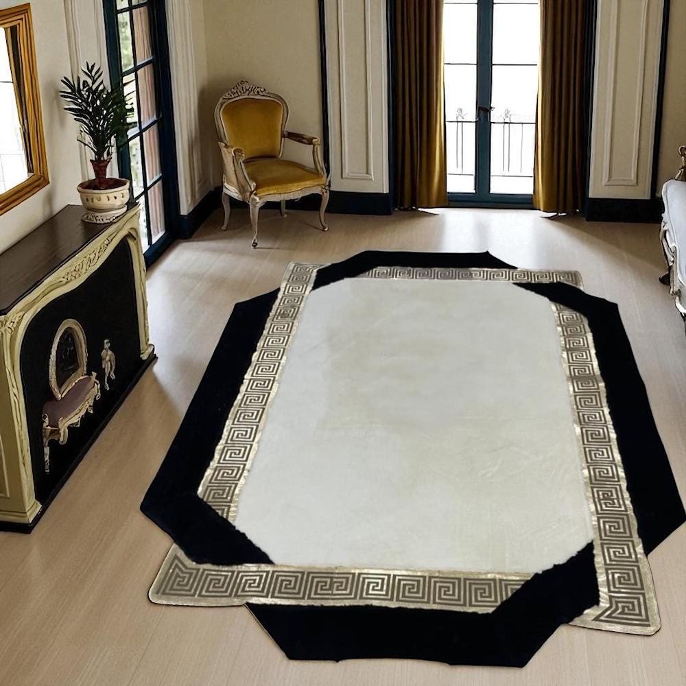 White and Black Plush Area Rug with Greek Border, Custom Size Soft Modern Faux Fur Carpet
