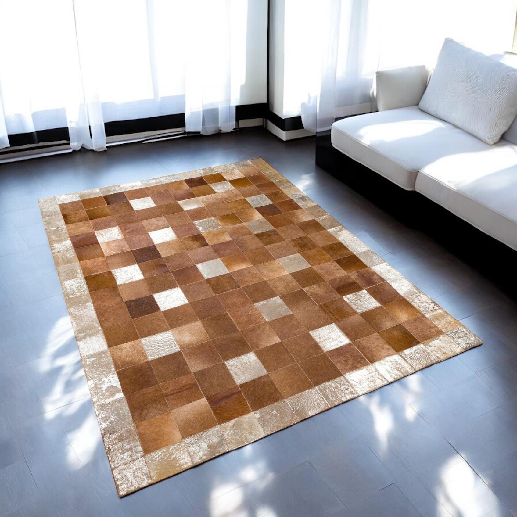 Brown Patchwork Cowhide Rug with Metallic Accent Border, Natural Leather Area Rug, Custom Size Genuine Cowhide Carpet for Living Room