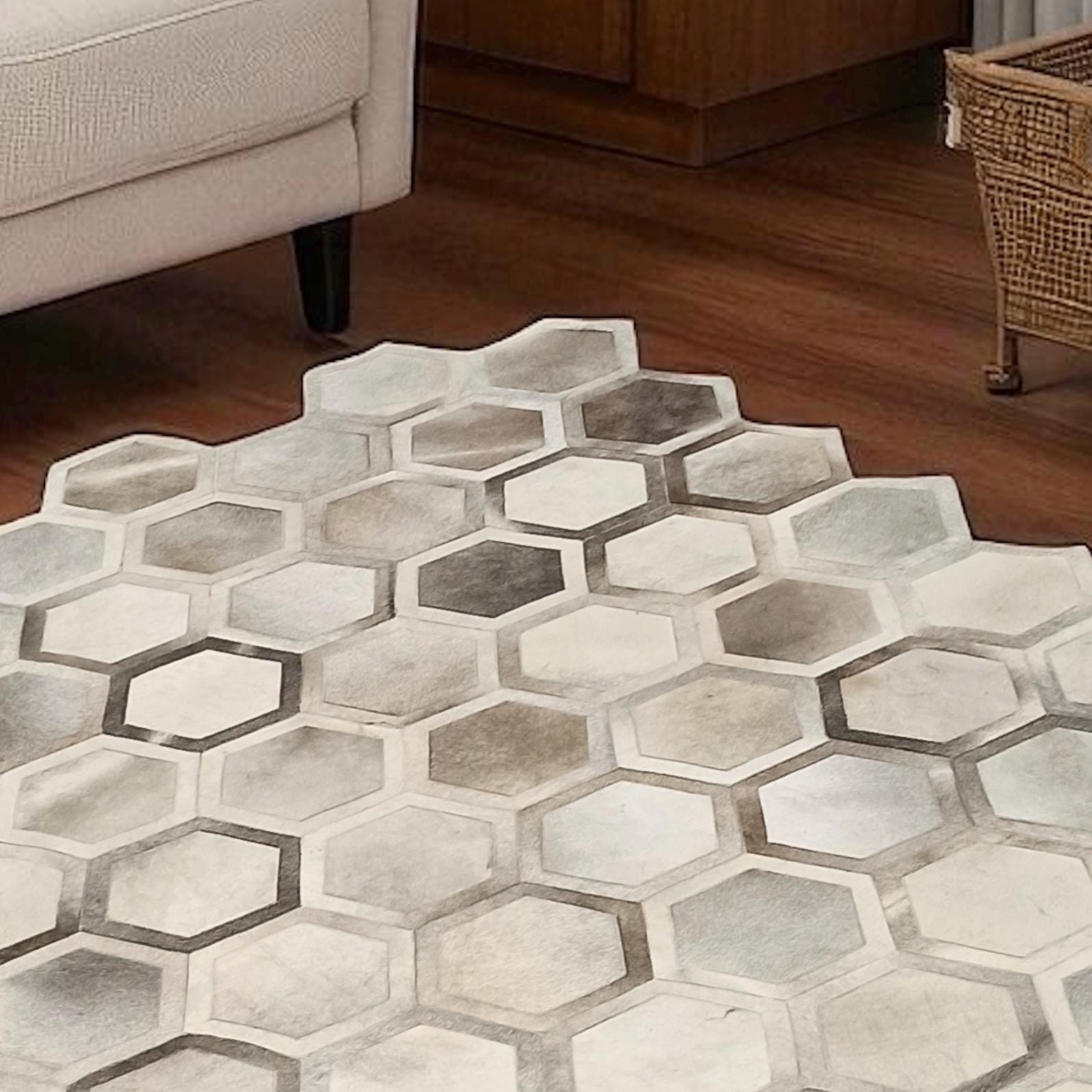 Hexagon Patchwork Cowhide Rug, Natural Leather Area Rug in Grey and Beige Tones, Custom Size Handmade Cowhide Carpet for Living Room