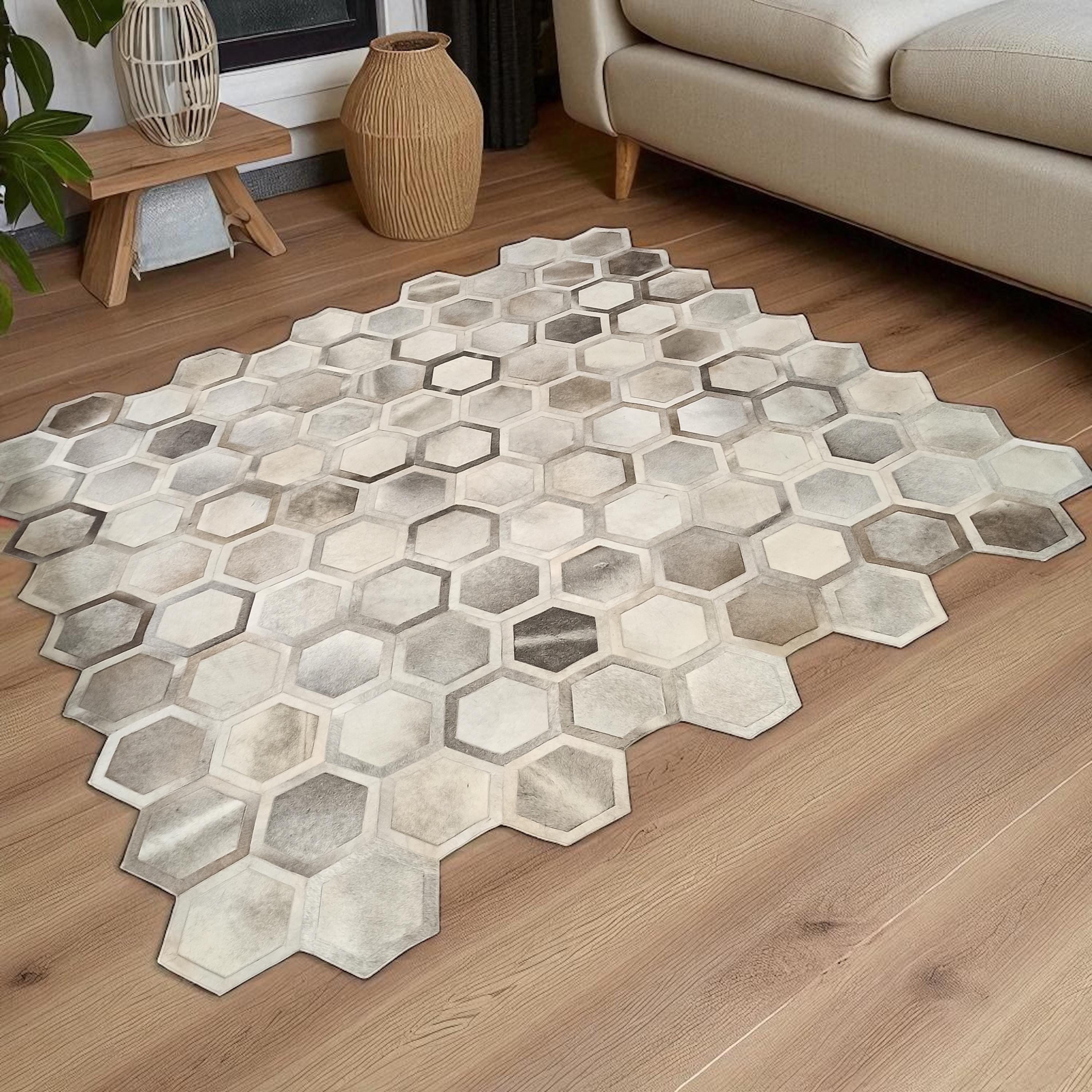 Hexagon Patchwork Cowhide Rug, Natural Leather Area Rug in Grey and Beige Tones, Custom Size Handmade Cowhide Carpet for Living Room
