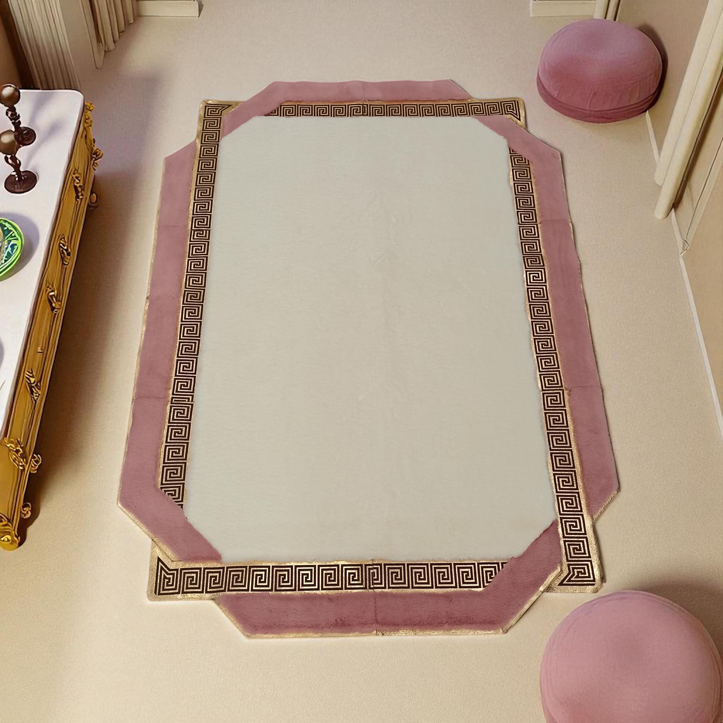 Cream and Pink Plush Area Rug with Gold Greek Key Border, Soft Modern Accent Rug, Custom Size Living Room Carpet