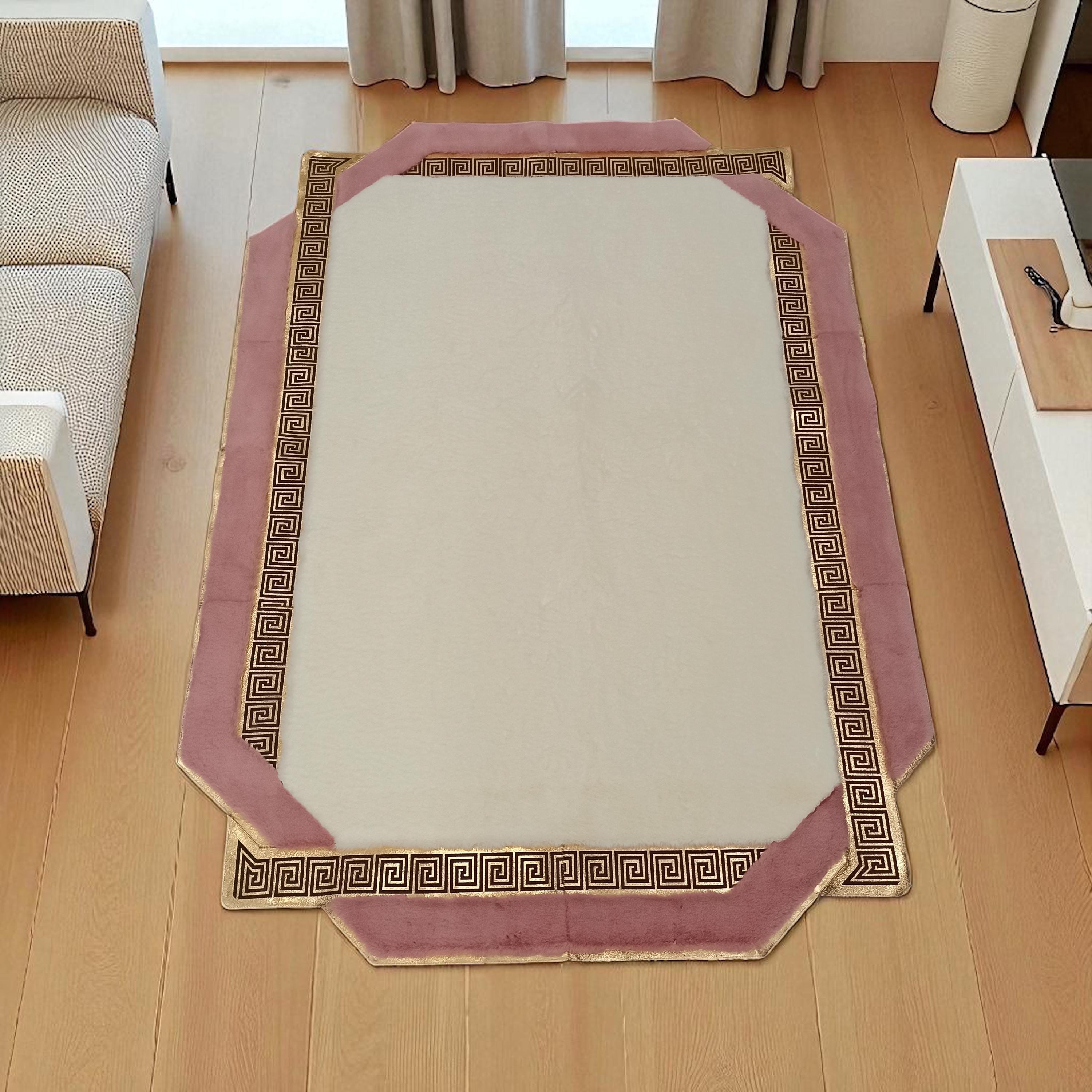 Cream and Pink Plush Area Rug with Gold Greek Key Border, Soft Modern Accent Rug, Custom Size Living Room Carpet