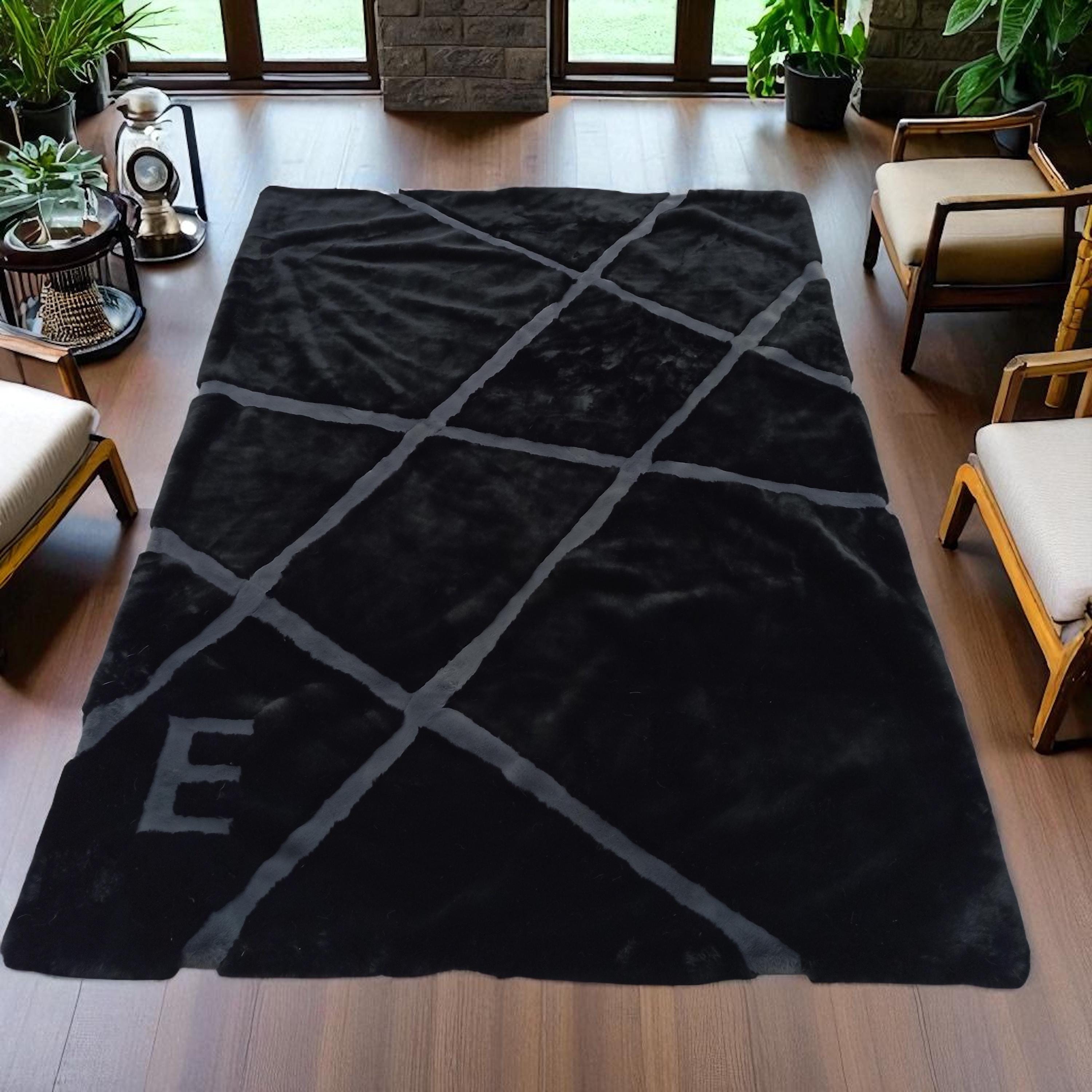 Custom Letter Plush Rug, Soft Black Shaggy Area Carpet with Personalized Initial Design