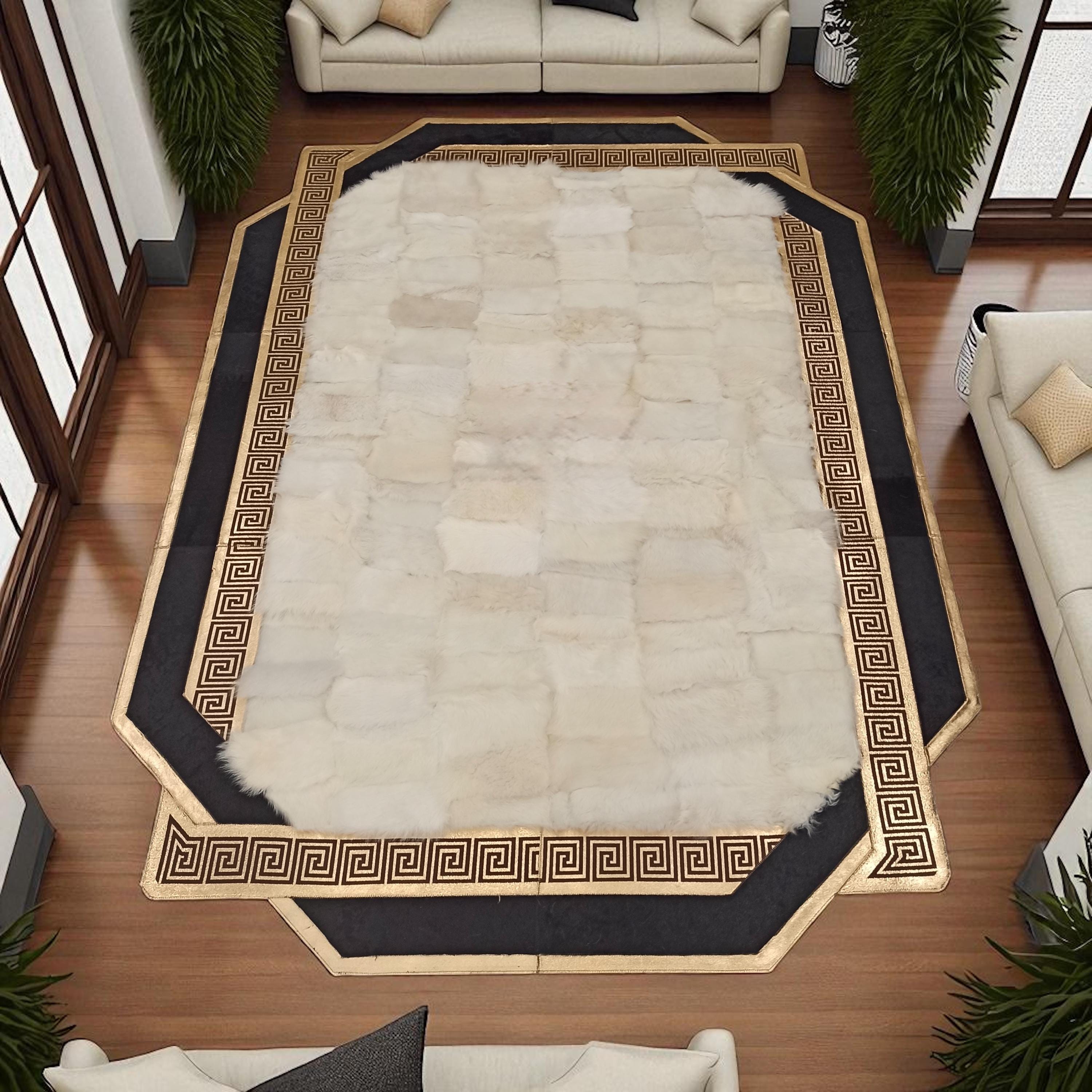 Cream Tuscan Sheepskin Rug with Gold Greek Border, Octagon Shape Natural Fur Carpet, Custom Handmade Luxury Area Rug