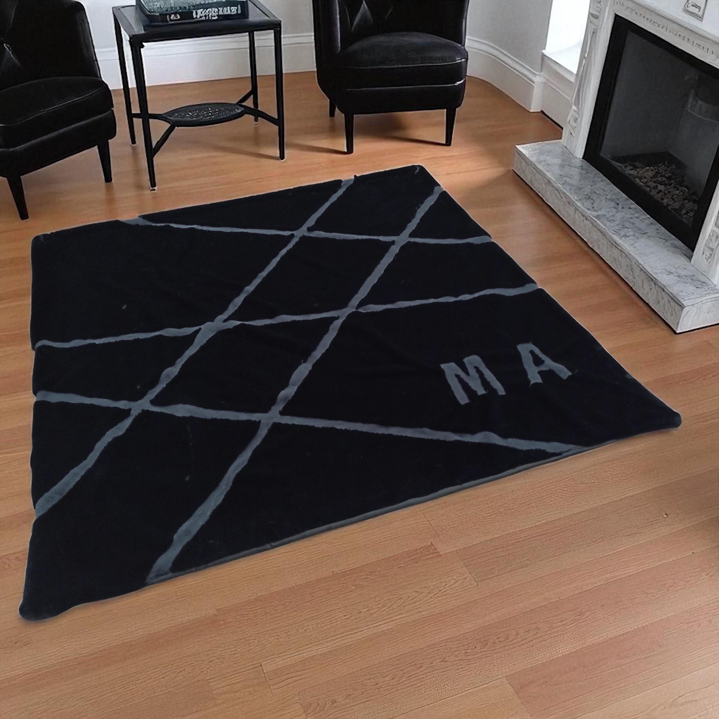 Custom Black Plush Rug with Two Letters, Personalized Soft Fur Carpet, Custom Letter Name Rug for Bedroom