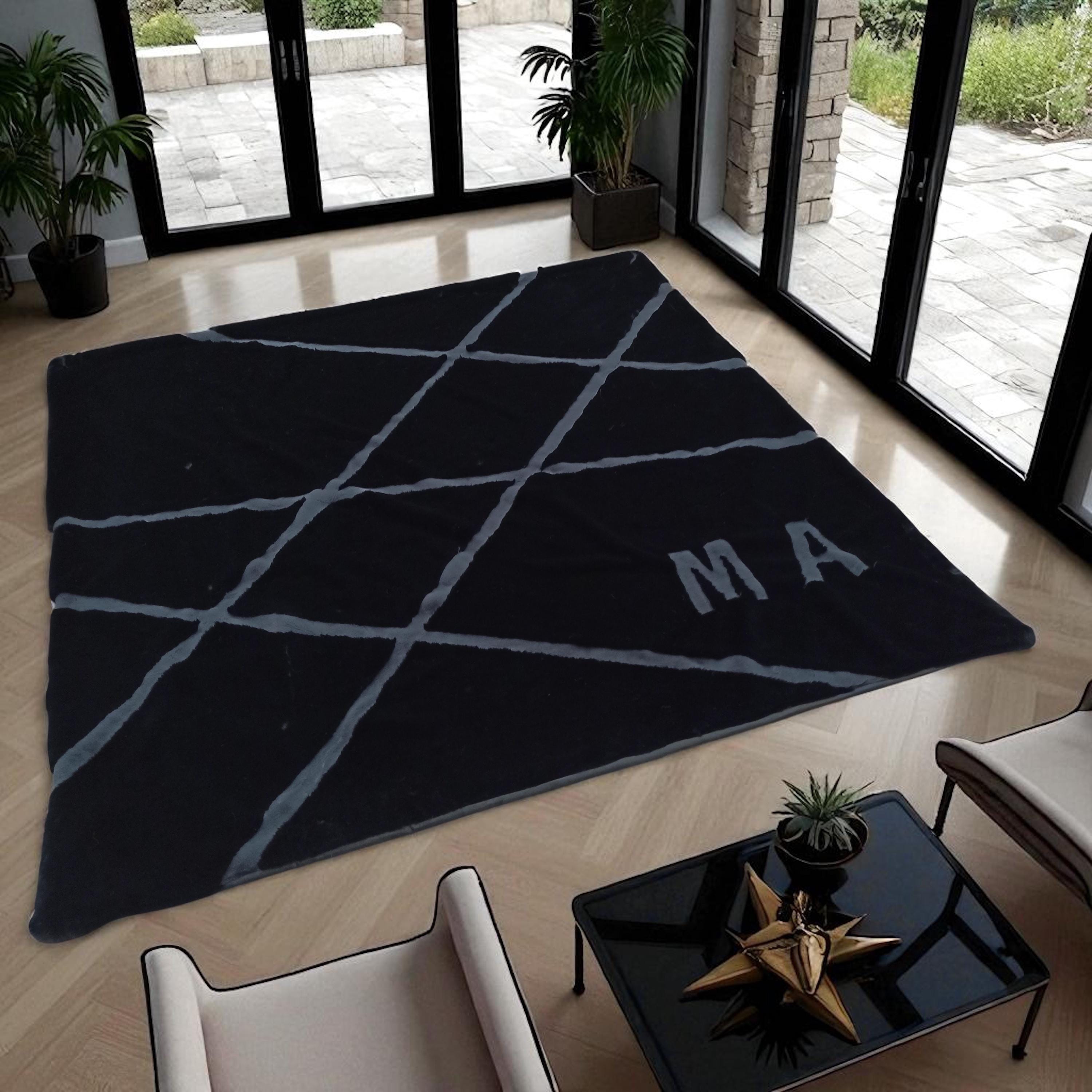 Custom Black Plush Rug with Two Letters, Personalized Soft Fur Carpet, Custom Letter Name Rug for Bedroom