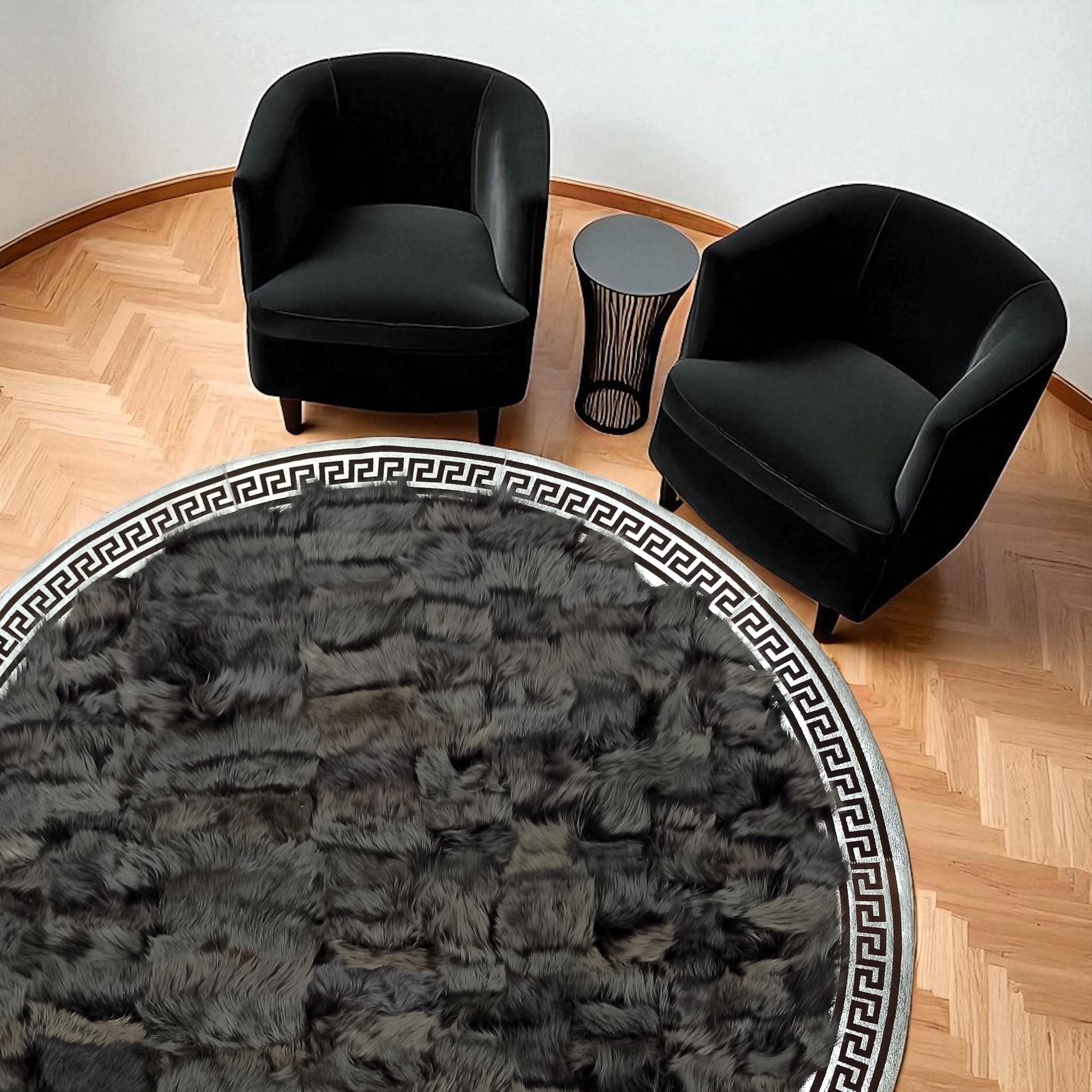 Black Tuscan Round Rug with Silver Greek Border, Handmade Fur Area Carpet, Custom Size Round Rug, Elegant Luxury Circle Rug