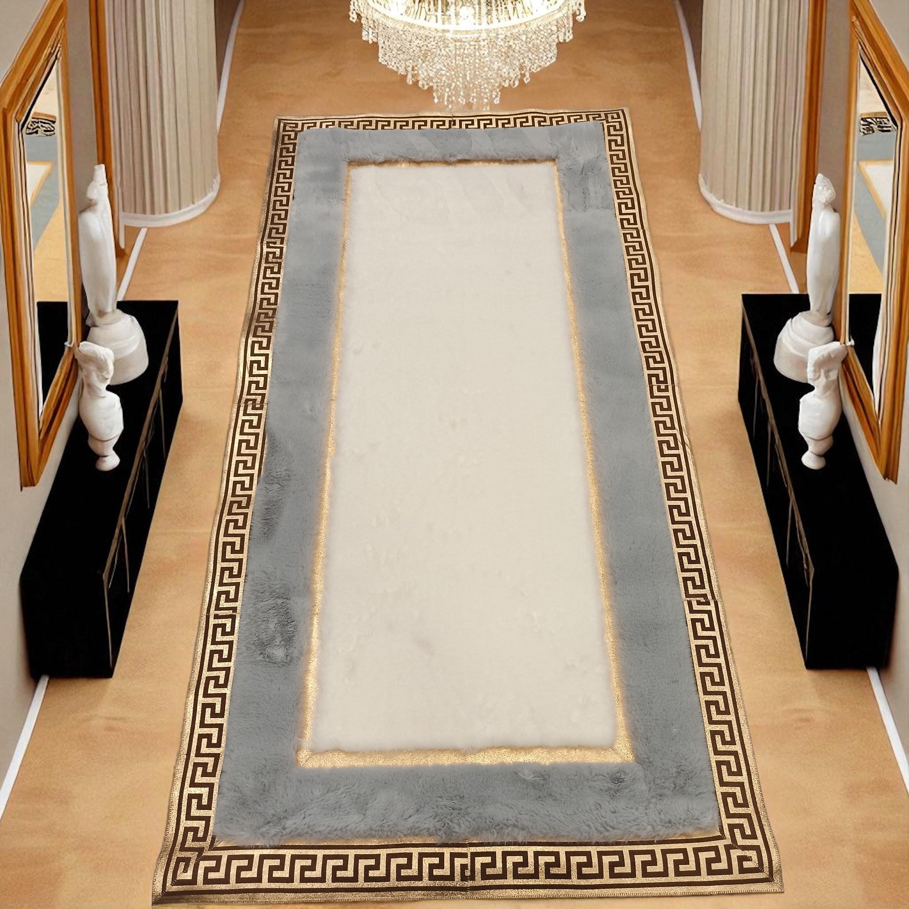 Gray and White Plush Runner Rug with Gold Greek Border, Soft Custom Size Long Area Carpet, Modern Hallway or Entryway Rug