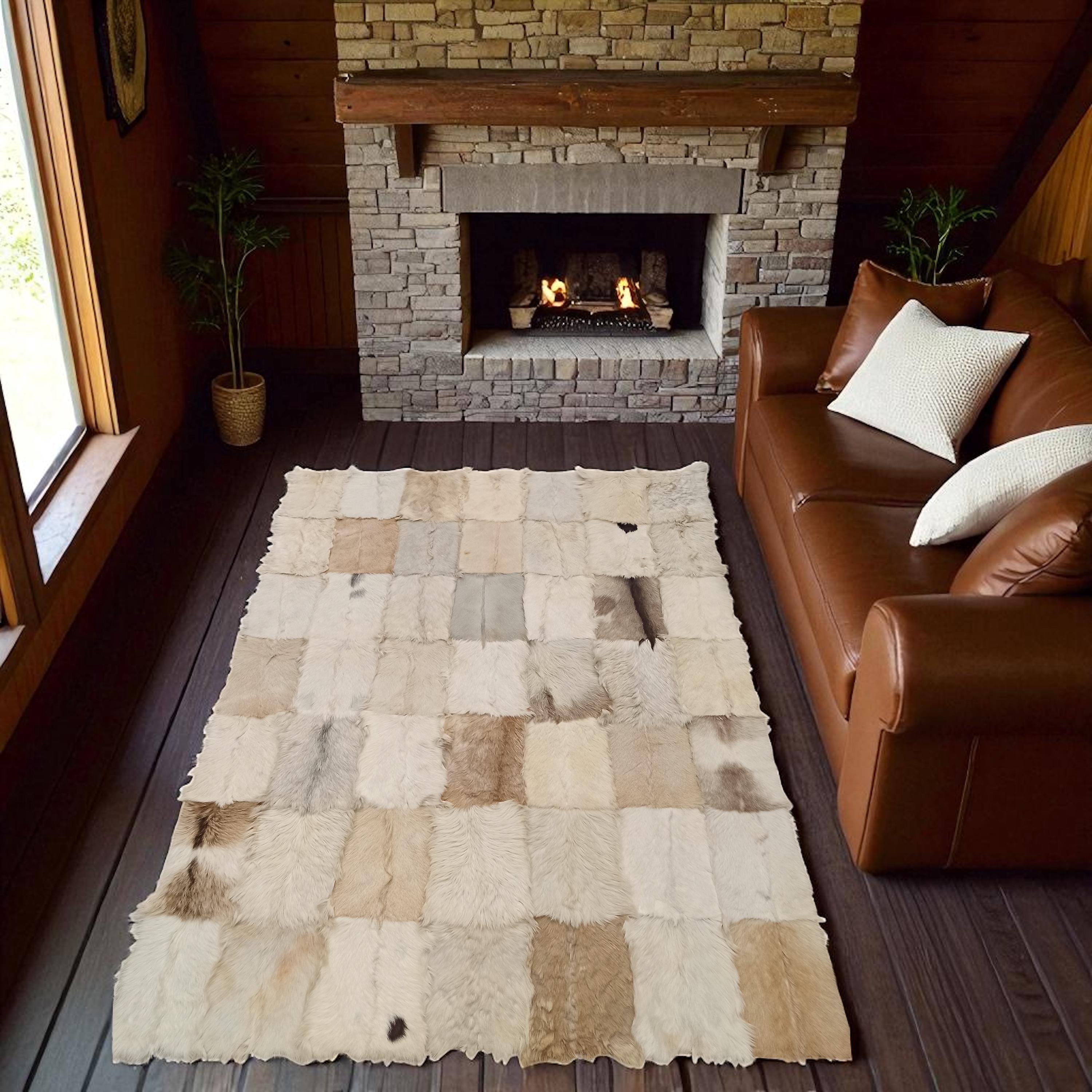 Natural Goatskin Patchwork Rug, Genuine Goat Leather Carpet, Beige and White Multicolor Area Rug