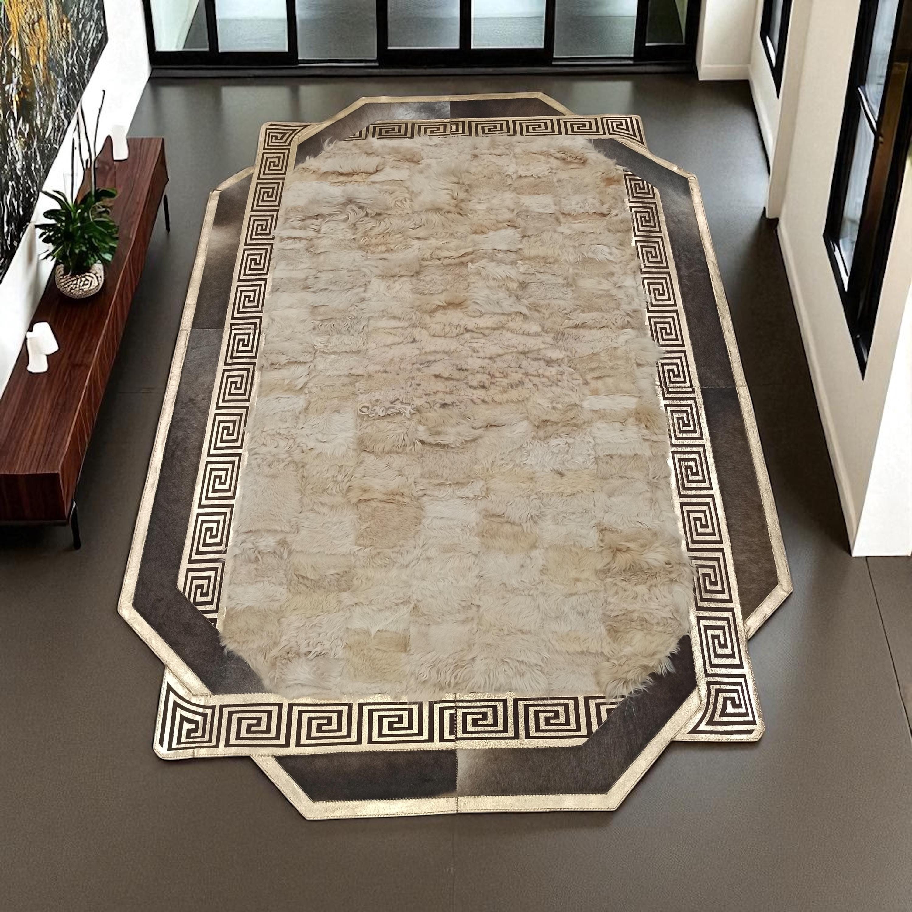 Luxury Greek Border Rectangular Tuscan Rug, Beige Textured Fur Look Carpet, Custom Size Decorative Living Room Floor Rug