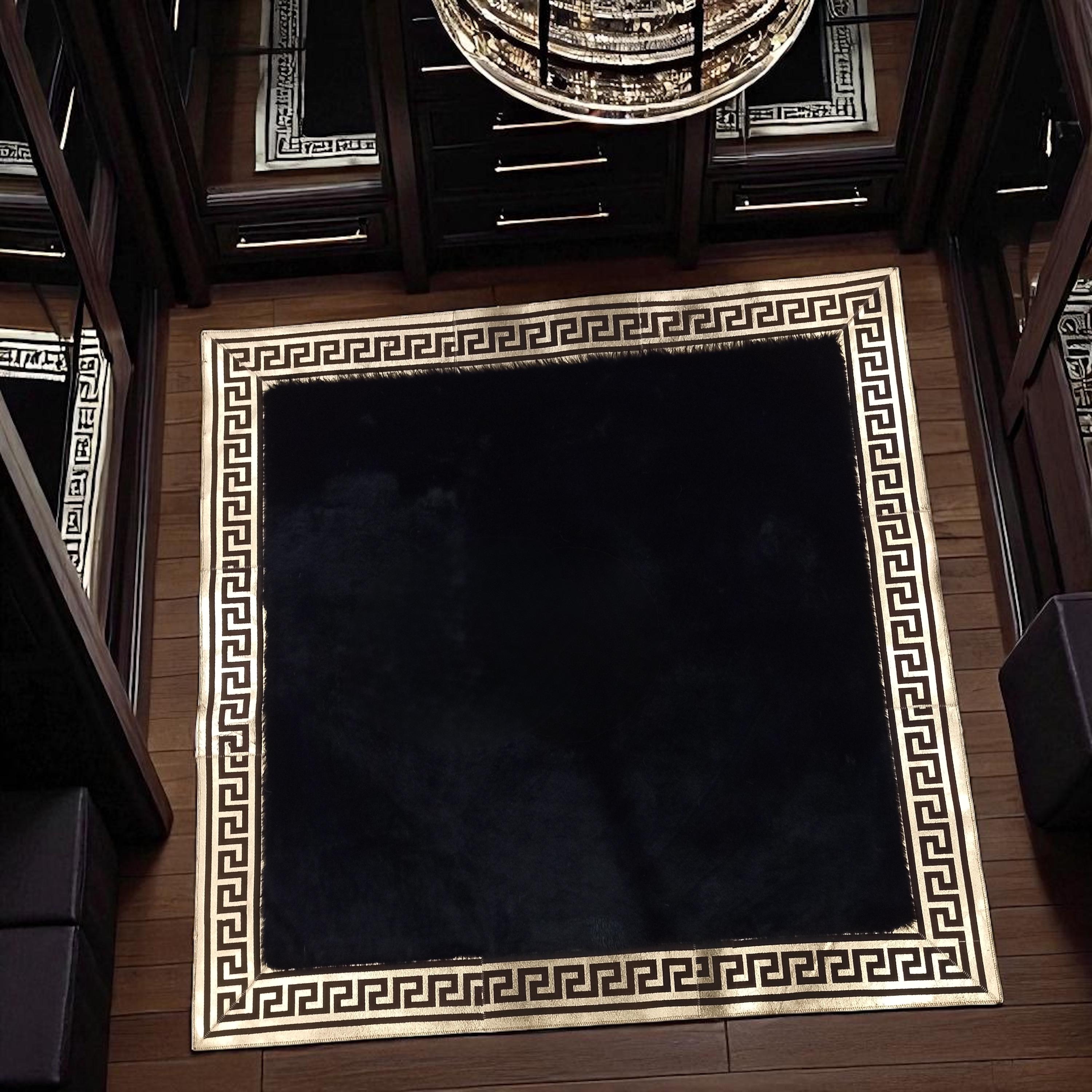 Black Square Plush Area Rug, Gold Detail Fluffy Carpet, Custom Size Available