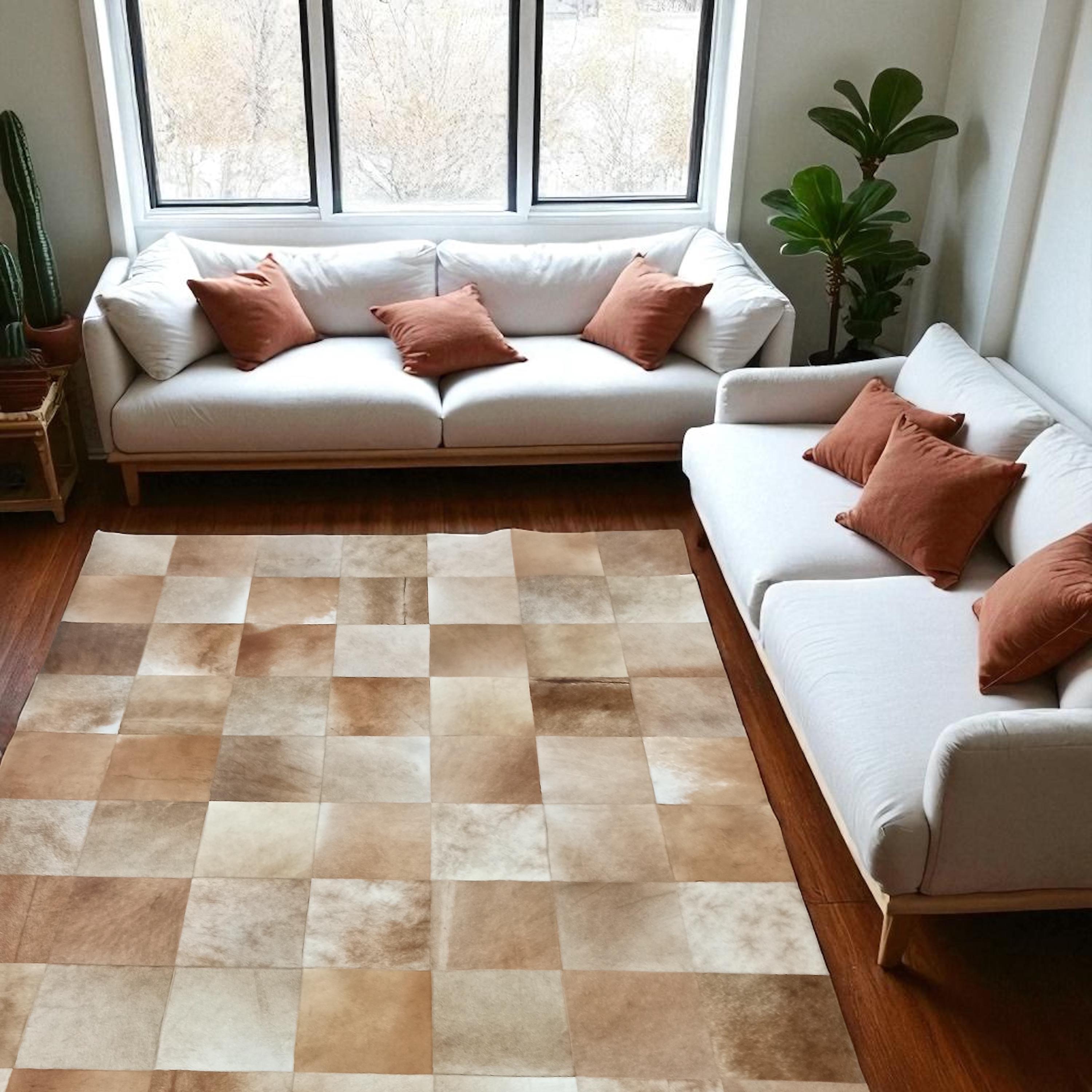 Beige Patchwork Cowhide Rug, Natural Leather Area Rug for Living Room or Office