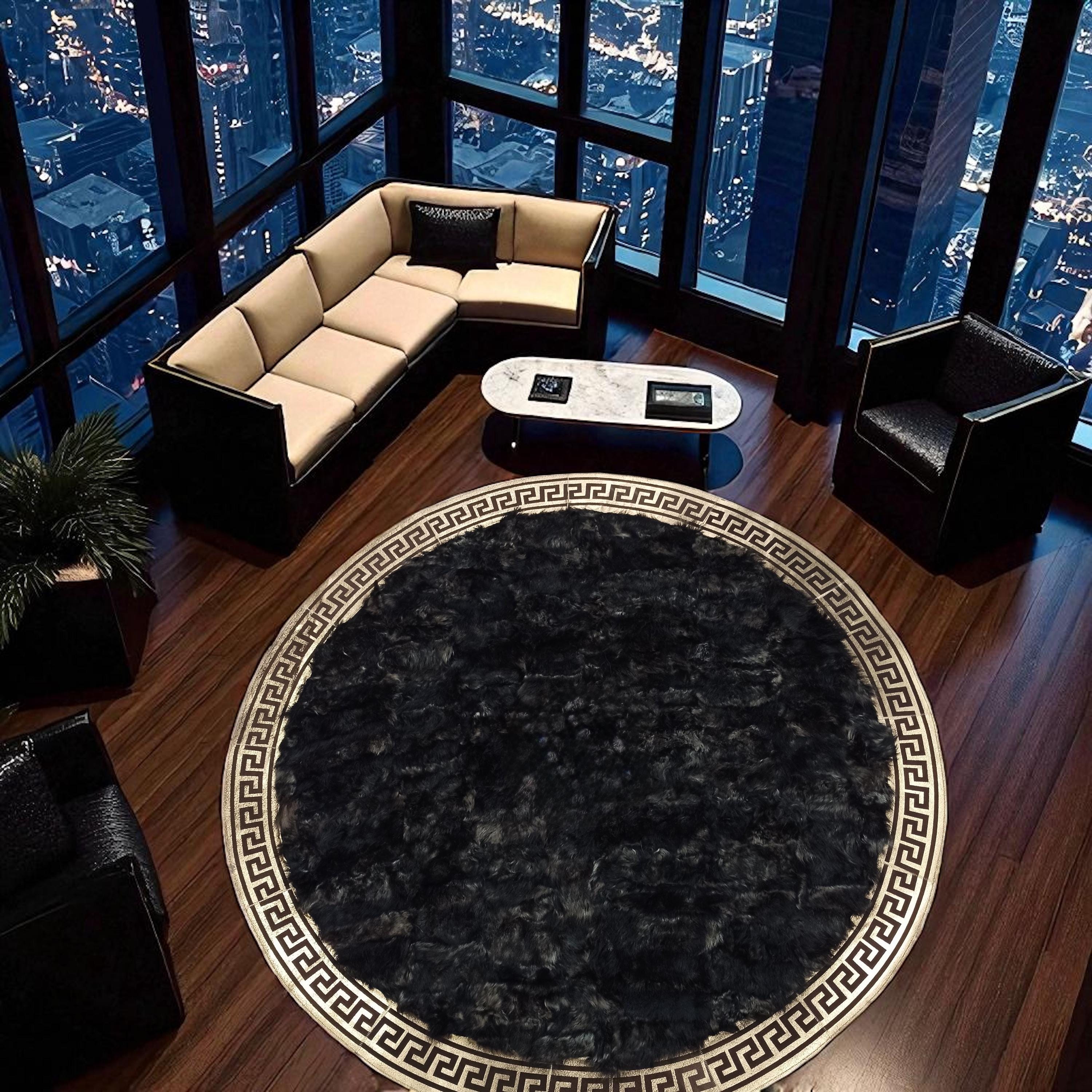 Black Round Toscana Fur Area Rug, Custom Size Soft Circle Carpet, Custom Size Living Room or Entryway Rug