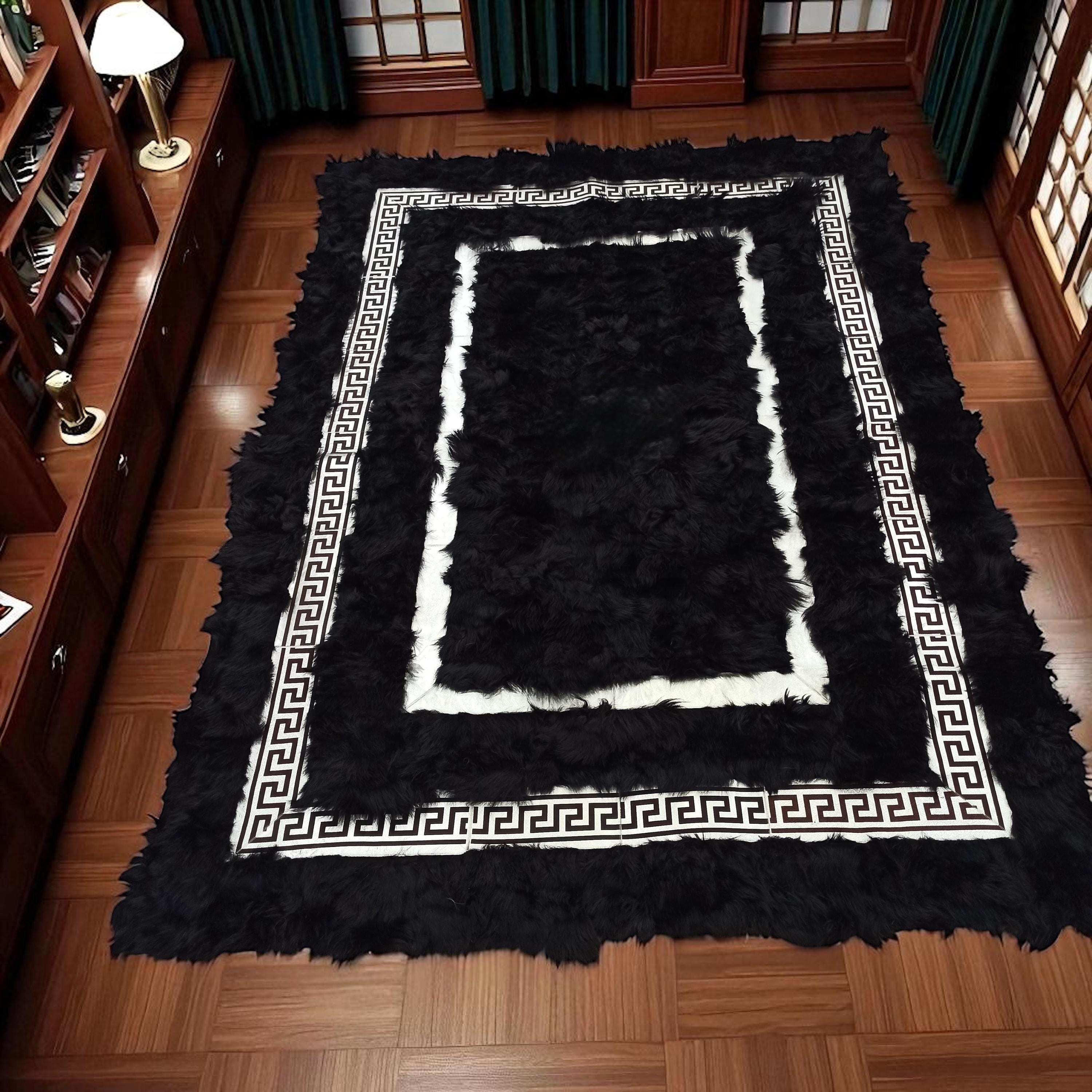 Black and White Tuscan Leather Rug, Greek Key Rectangular Hair-on Hide Carpet, Custom Handmade Patchwork Hallway Rug