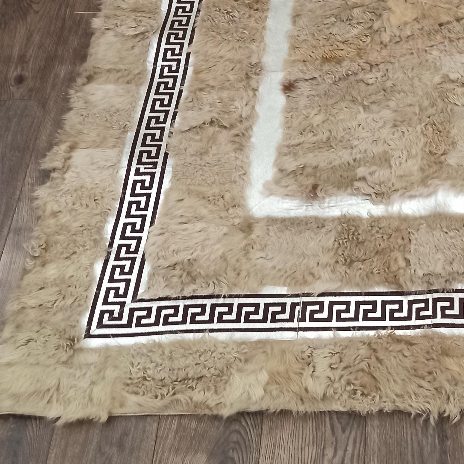 Light Brown Tuscan Leather Rug, Rectangular Greek Key Border Area Carpet, Custom Hair-on Hide Patchwork Rug, Large Area Tuscan Carpet