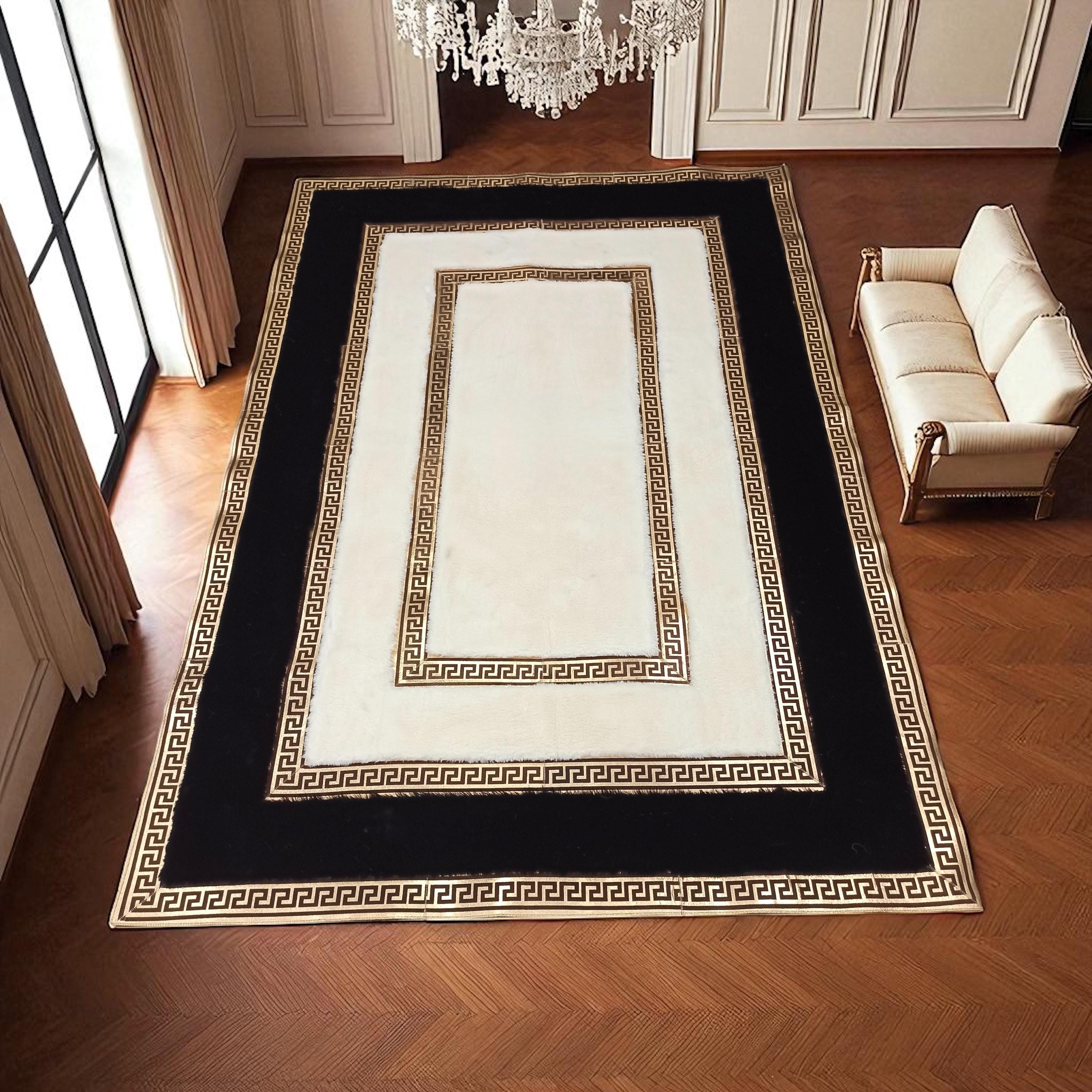 Black and Cream Soft Plush Area Rug, Greek Key Border Large Living Room Carpet, Custom Size Shaggy Floor Rug