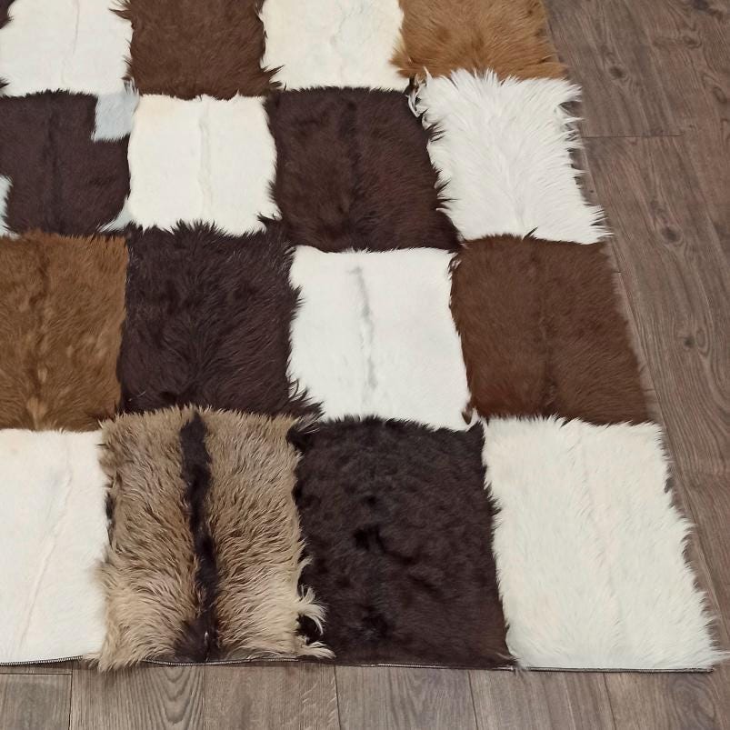 Natural Brown and White Goatskin Patchwork Rug, Real Goat Hair Carpet, Rectangular Area Rug, Handmade Goat Hide Rug, Custom Size Rug