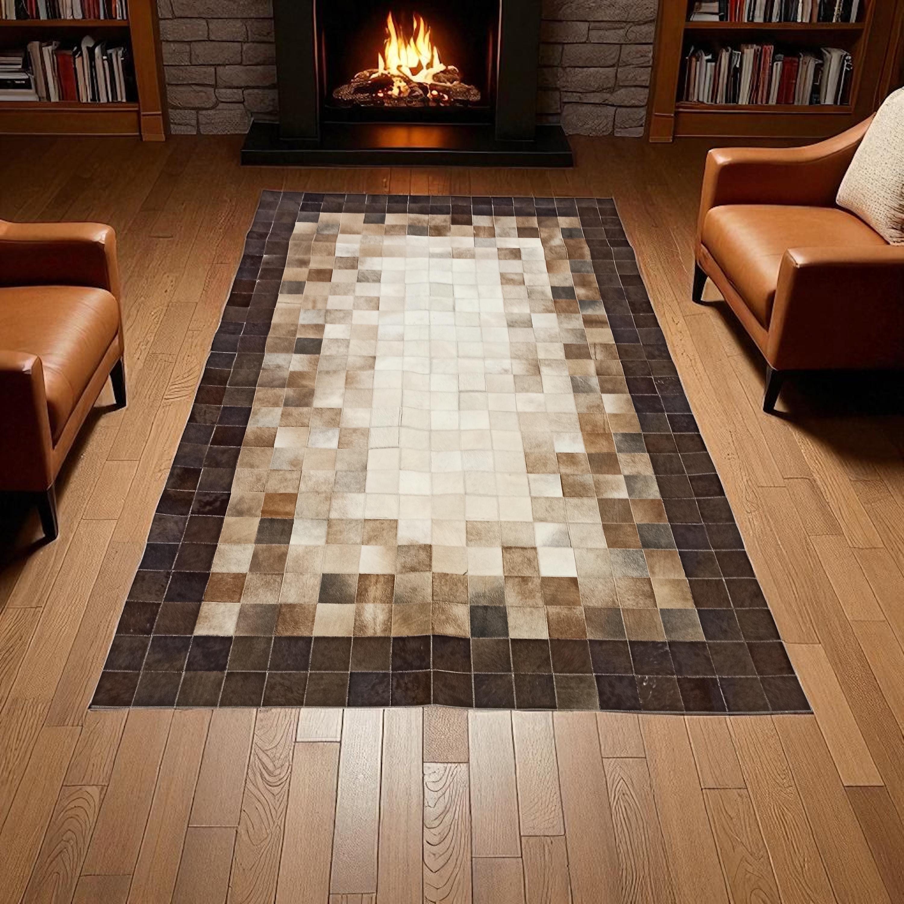 Ombre Cowhide Rug, Brown and Beige Leather Patchwork Carpet, Modern Handmade Leather Rug, Custom Size Available