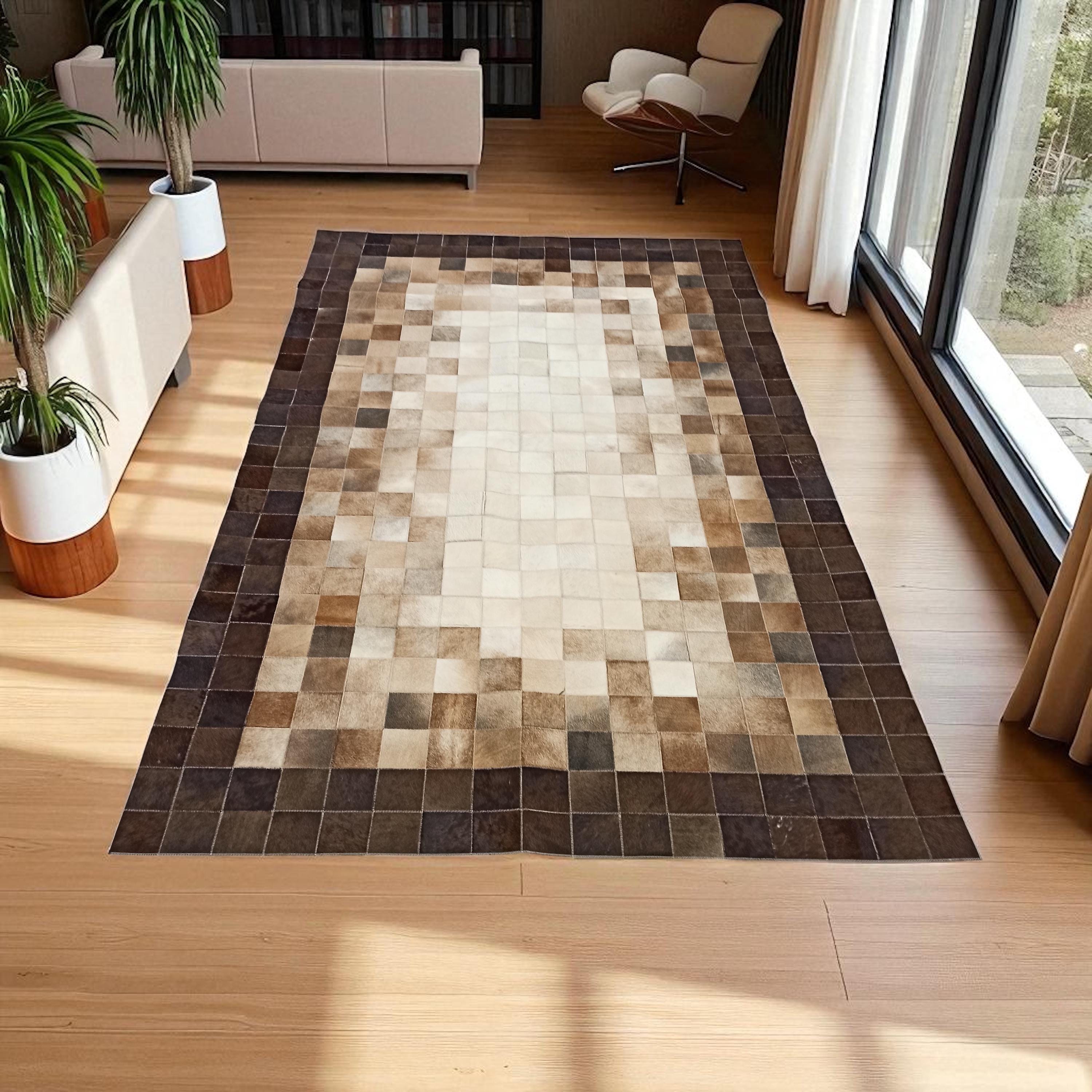 Ombre Cowhide Rug, Brown and Beige Leather Patchwork Carpet, Modern Handmade Leather Rug, Custom Size Available
