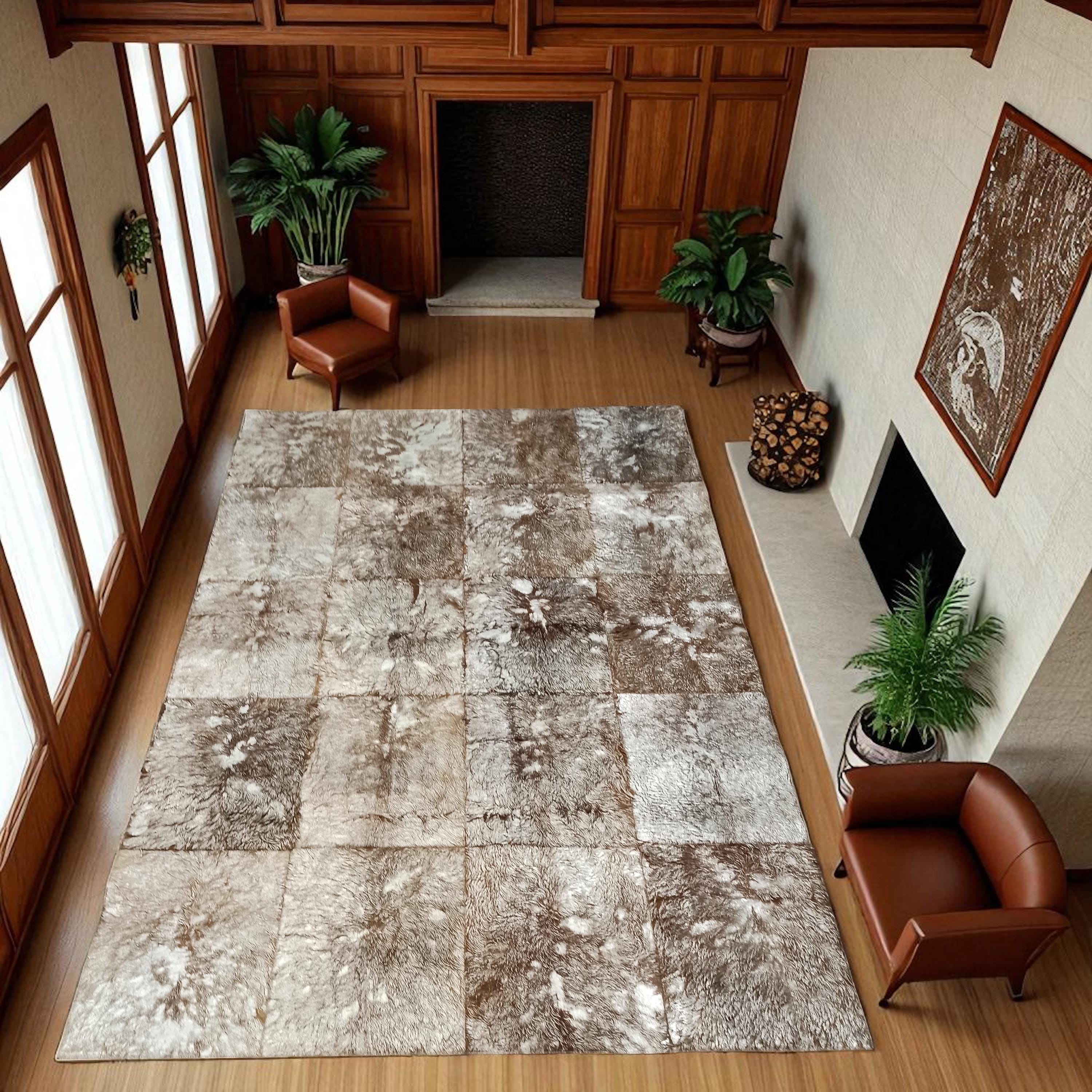 Brown and White Patchwork Cowhide Rug, Natural Leather Area Carpet, Handmade Rectangular Cowhide