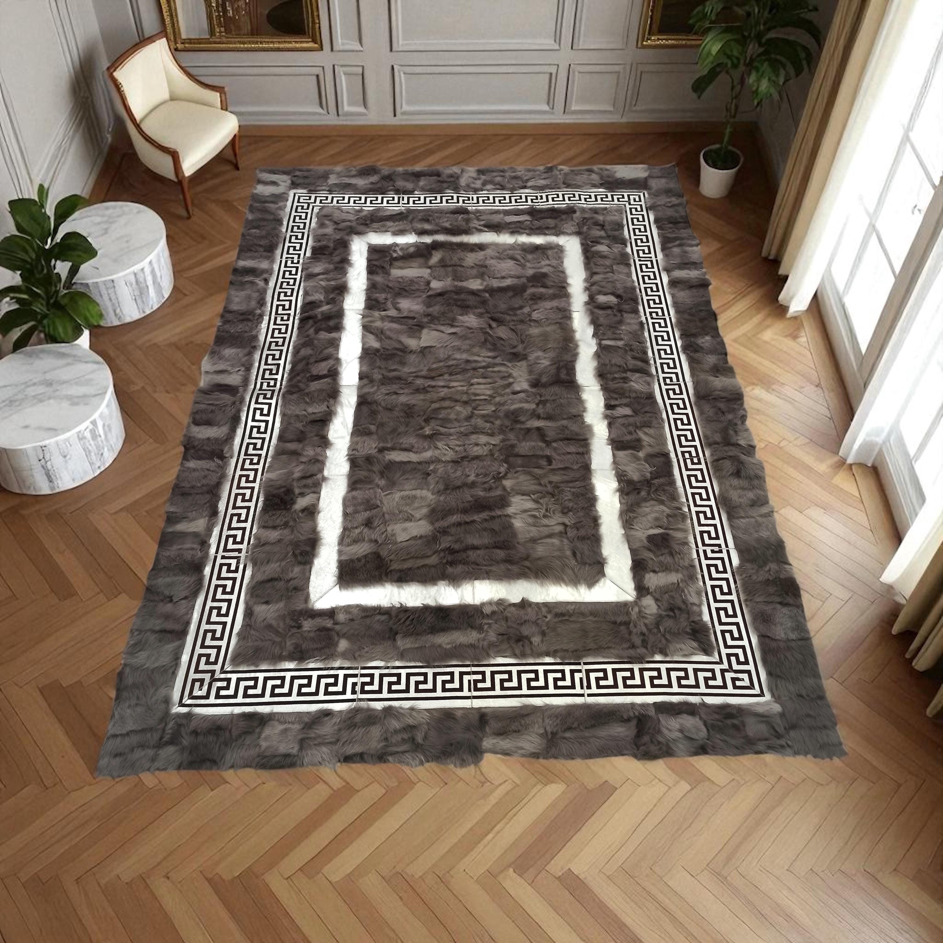 Gray Tuscan Area Rug, Custom Size Rectangle Fur Carpet with Greek Key Border, Elegant Handmade Decorative Living Room Rug