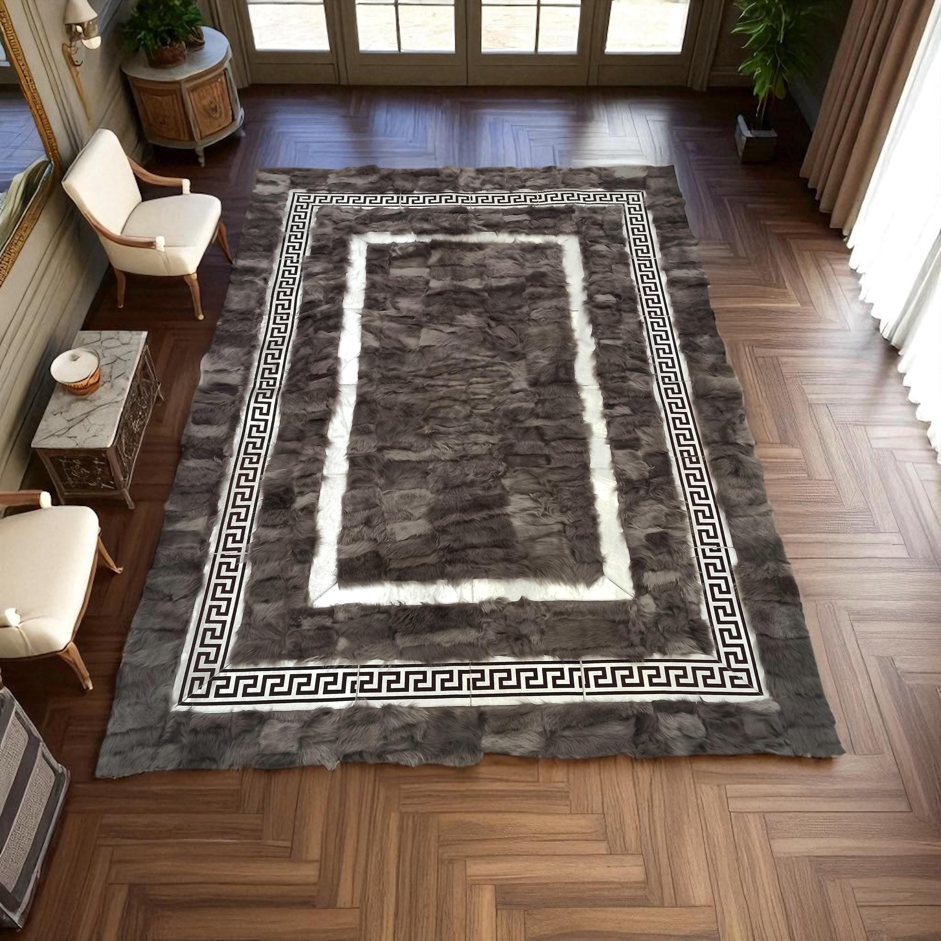 Gray Tuscan Area Rug, Custom Size Rectangle Fur Carpet with Greek Key Border, Elegant Handmade Decorative Living Room Rug