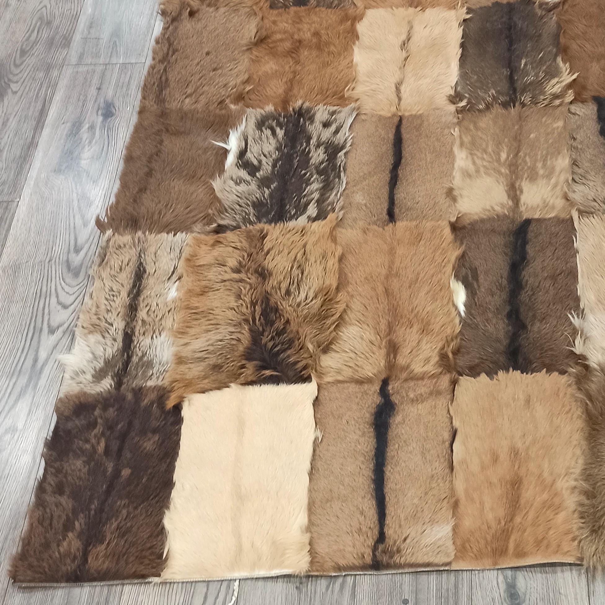 Light Brown Patchwork Goatskin Rug, Handmade Rectangle Natural Goat Fur Carpet, Custom Rustic Leather Area Rug for Living Room