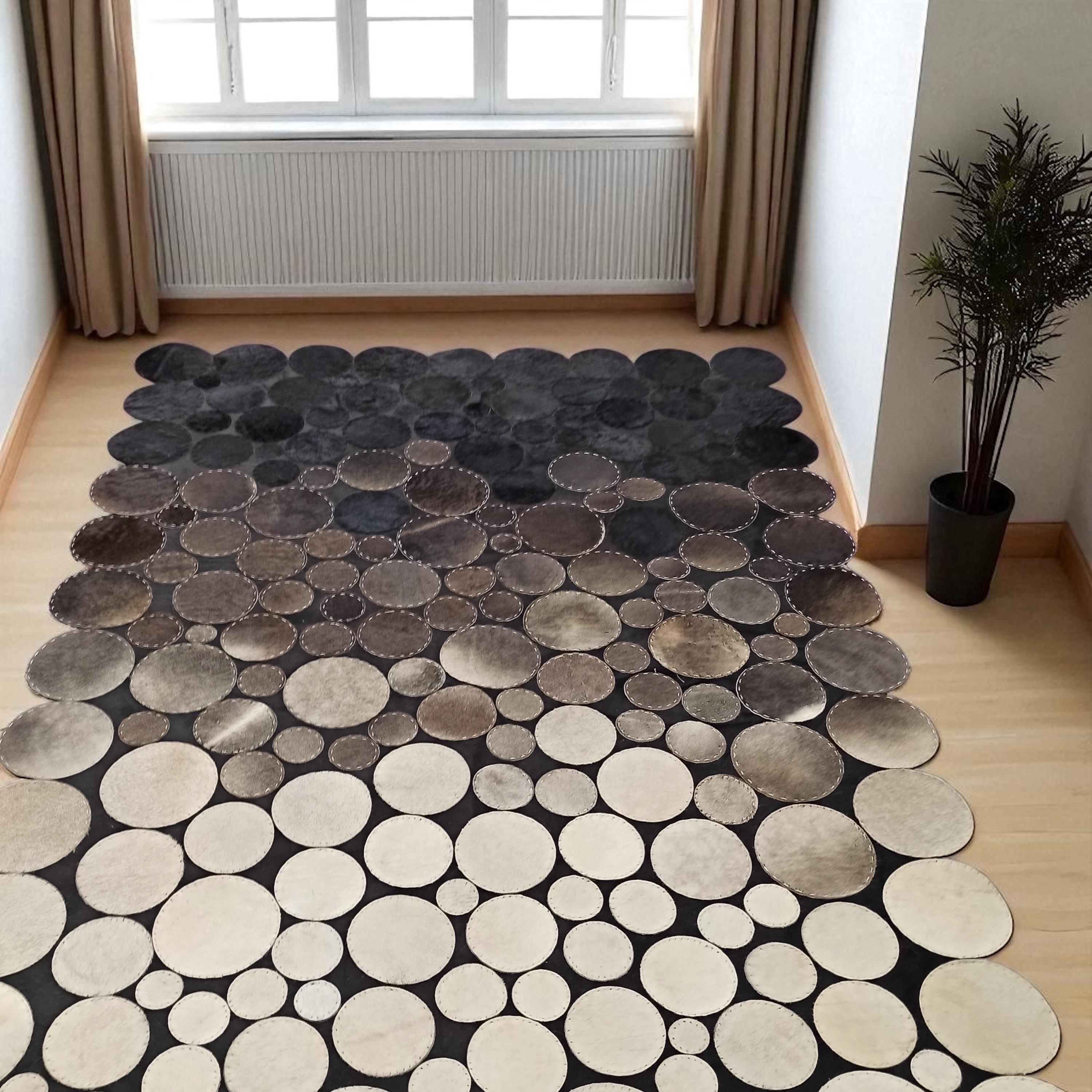 Beige Polkadot Cowhide Leather Rug, Black Gray Circle Patchwork Carpet, Handmade Cowhide Area Rug
